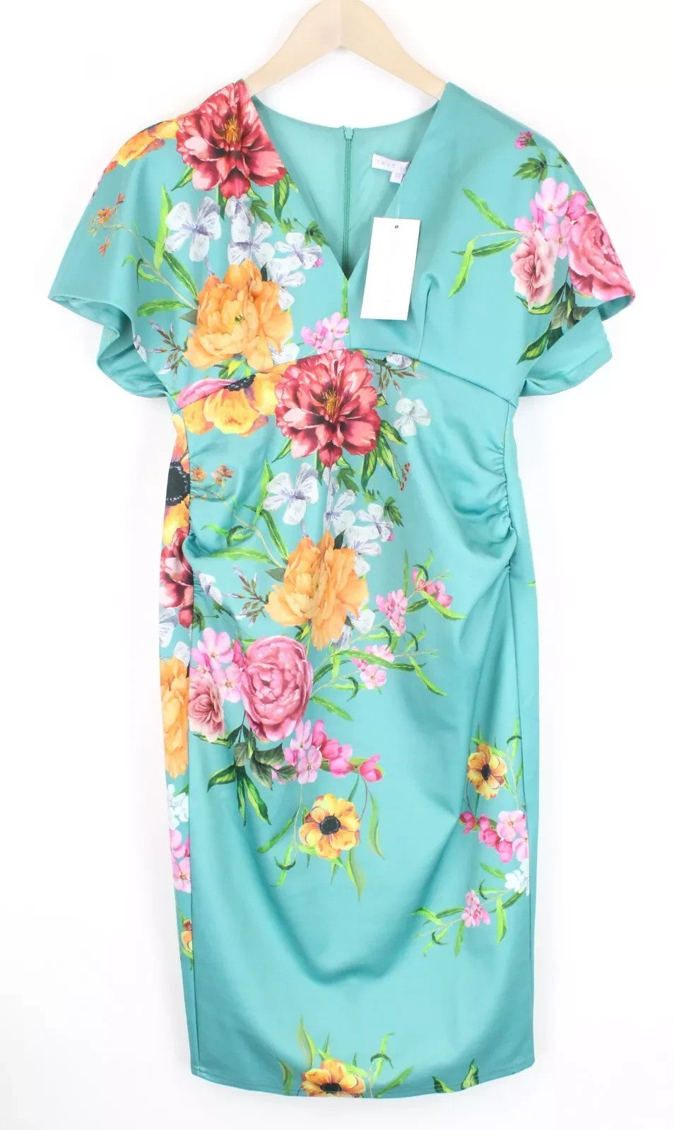 TRUE VIOLET Women Dress UK10 Green Blue Flower Patterned Short Sleeve V-Neck