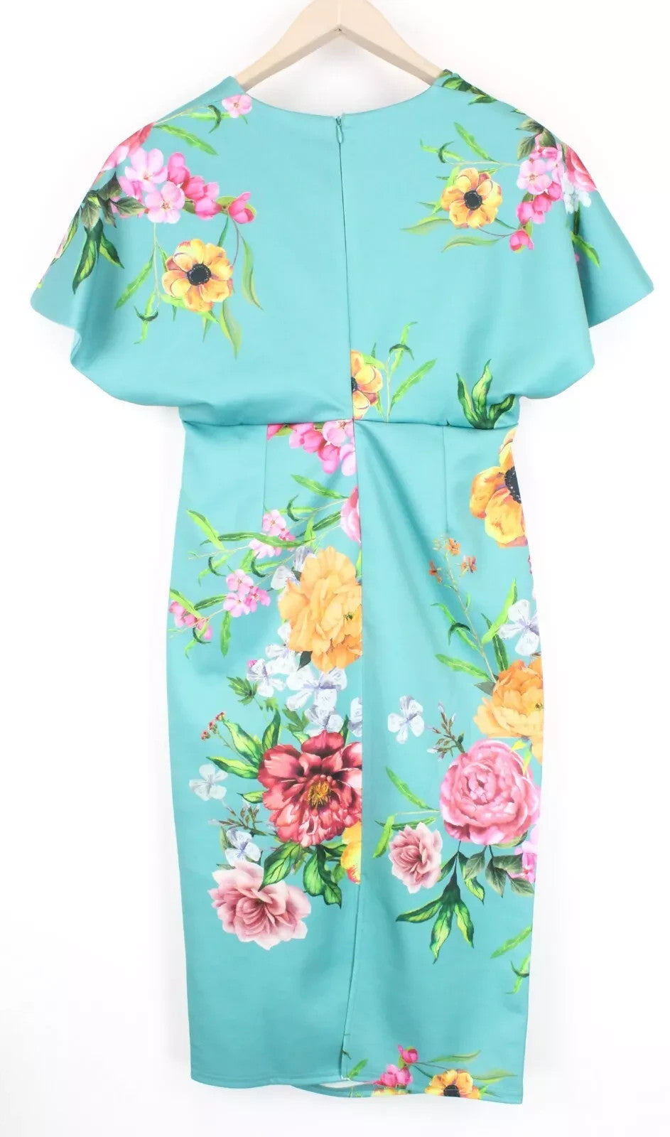 TRUE VIOLET Women Dress UK10 Green Blue Flower Patterned Short Sleeve V-Neck