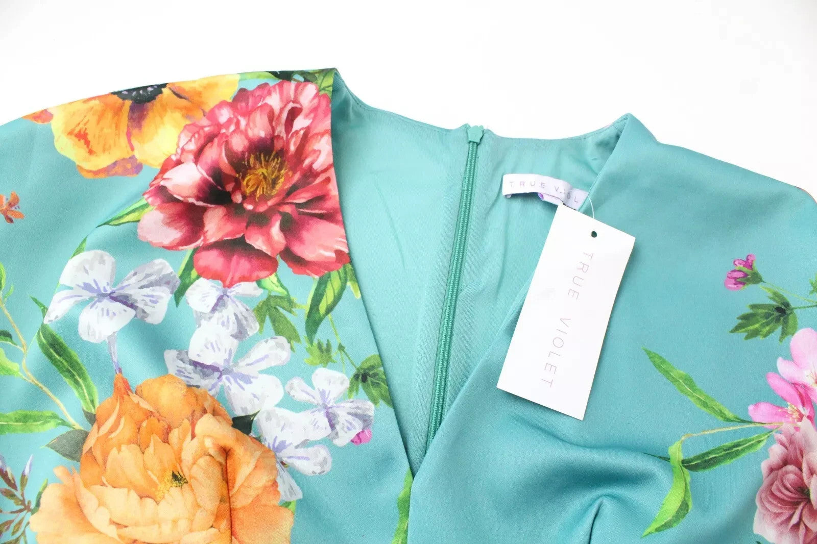 TRUE VIOLET Women Dress UK10 Green Blue Flower Patterned Short Sleeve V-Neck