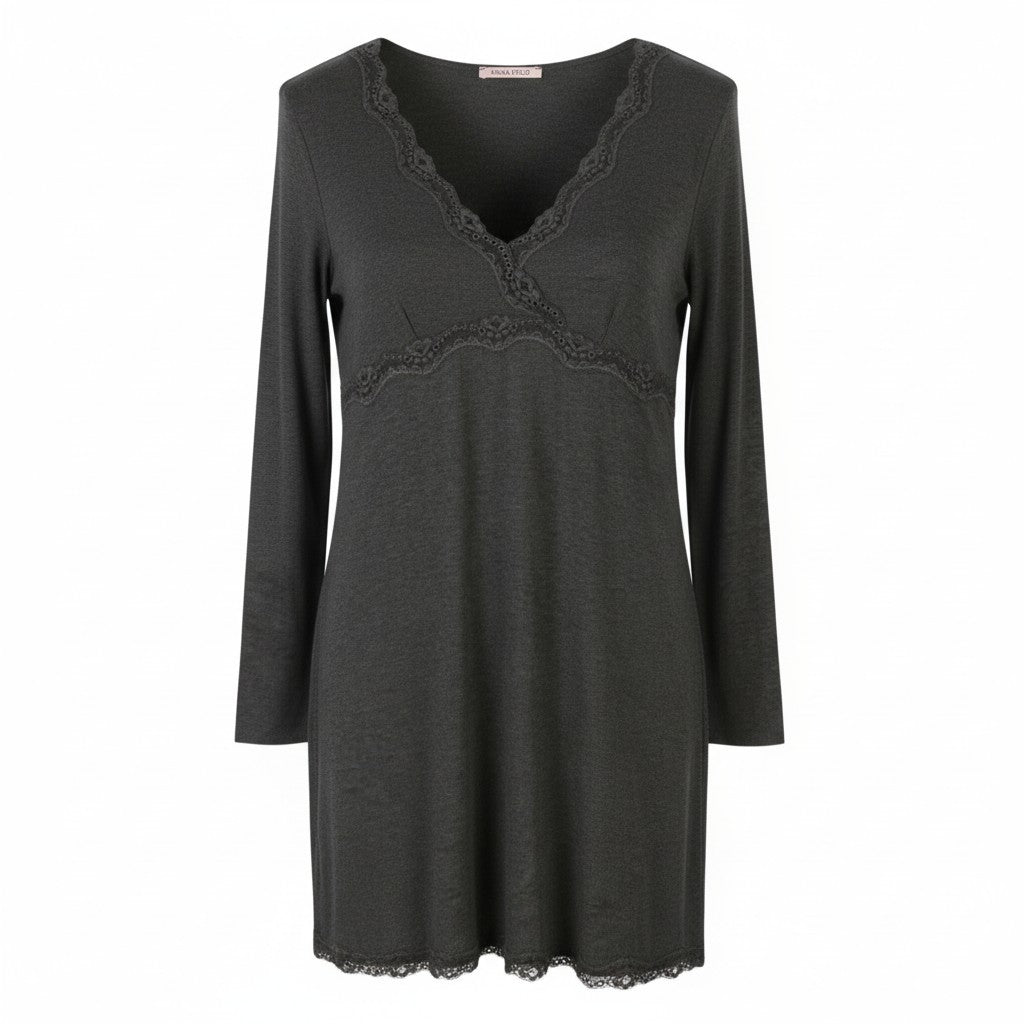 ANNA FIELD Women Dress L Grey Melange Lace Trim Tricot Long Sleeve