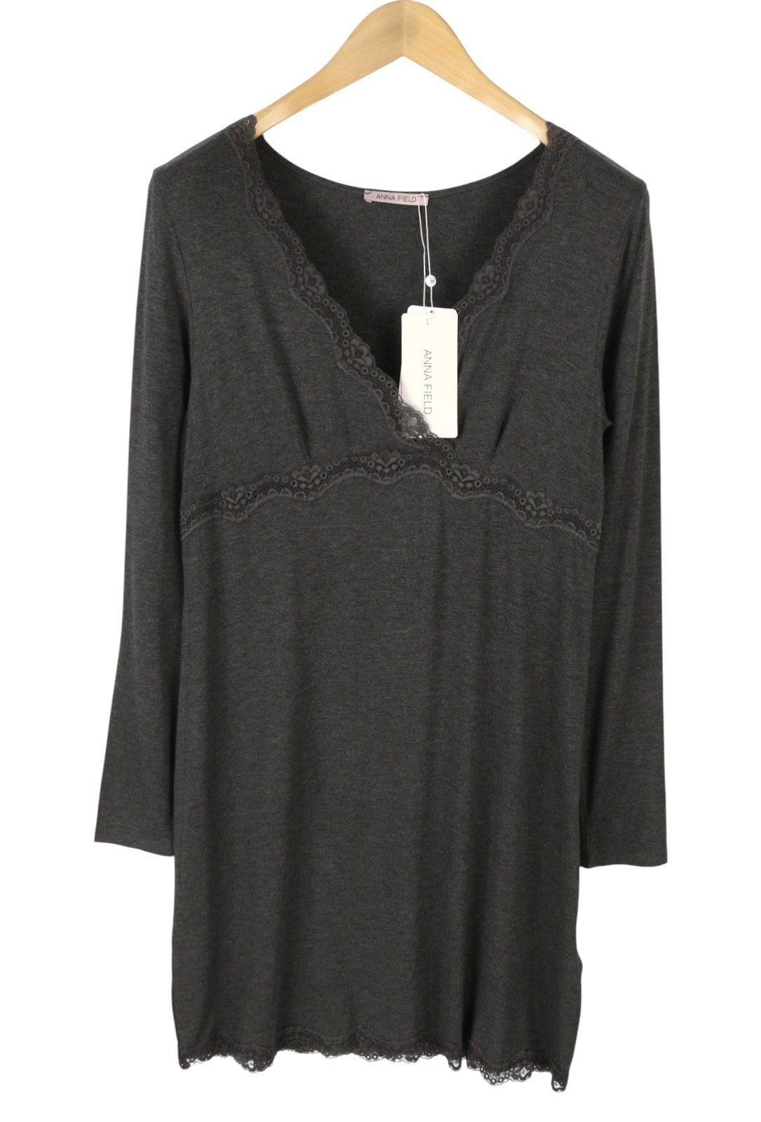 ANNA FIELD Women Dress L Grey Melange Lace Trim Tricot Long Sleeve