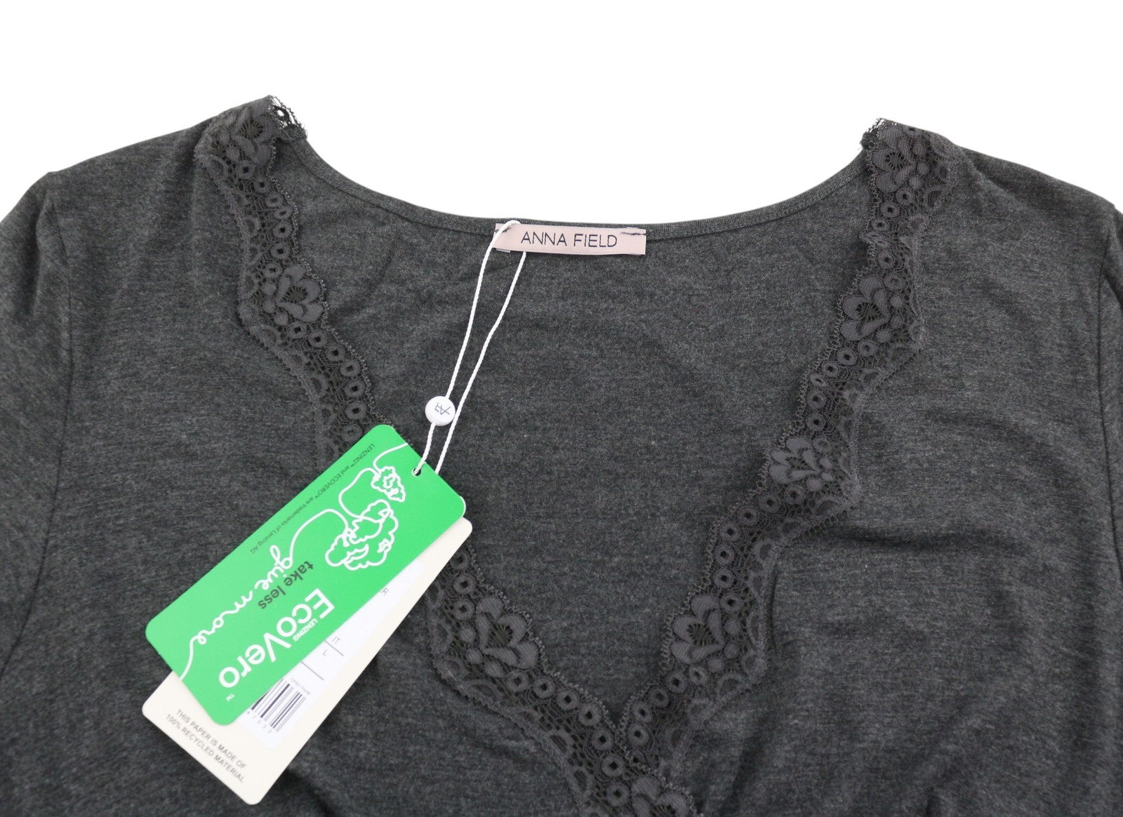 ANNA FIELD Women Dress L Grey Melange Lace Trim Tricot Long Sleeve