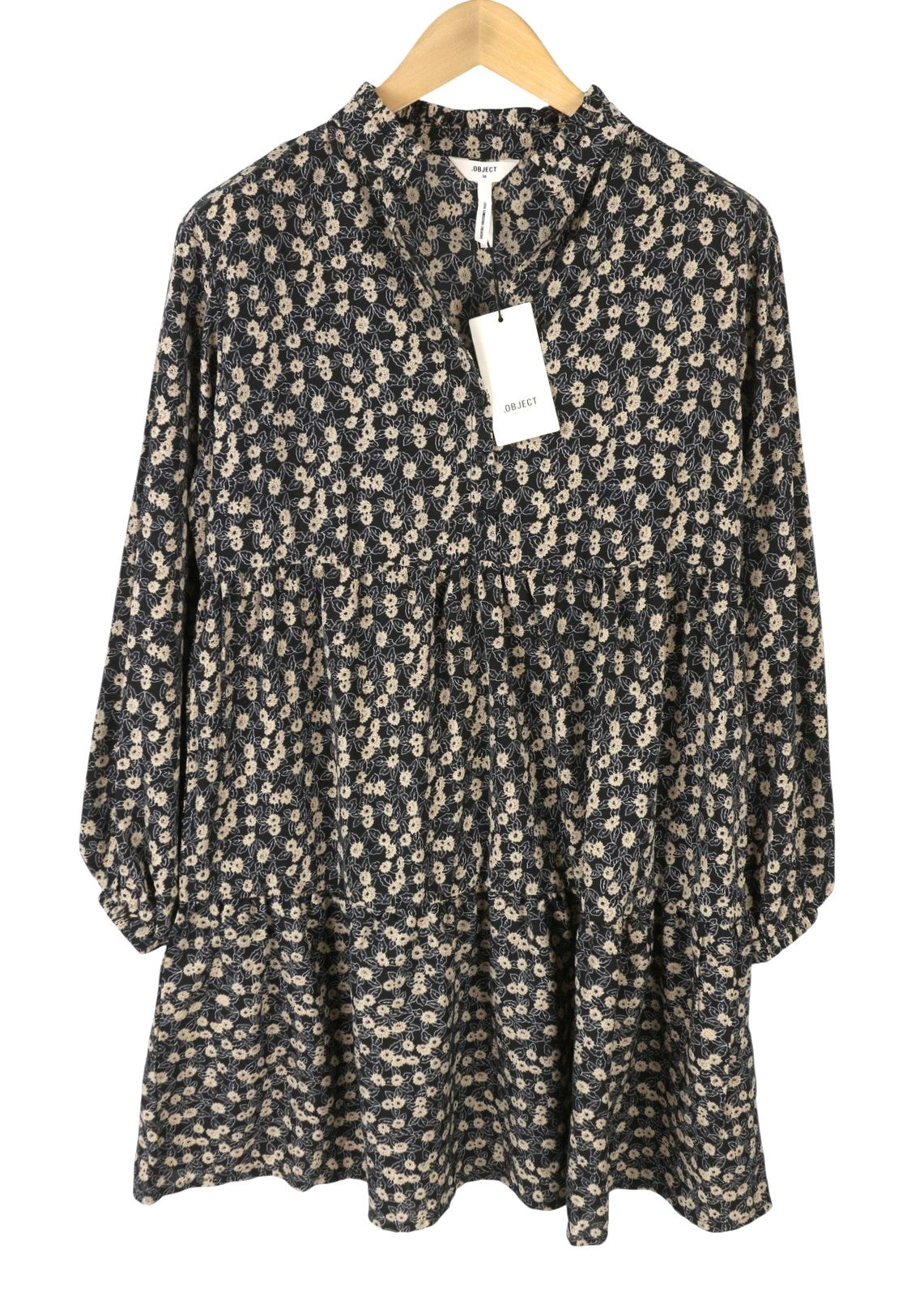 OBJECT Jyrsa Rose L/S Women Dress 38 M Black Floral Print Oversized Long Sleeve