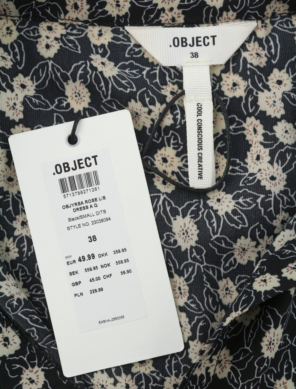 OBJECT Jyrsa Rose L/S Women Dress 38 M Black Floral Print Oversized Long Sleeve