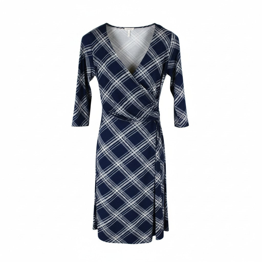 CREAM Women Dress S Dark Blue Stretch Patterned V-Neck 3/4 Sleeved