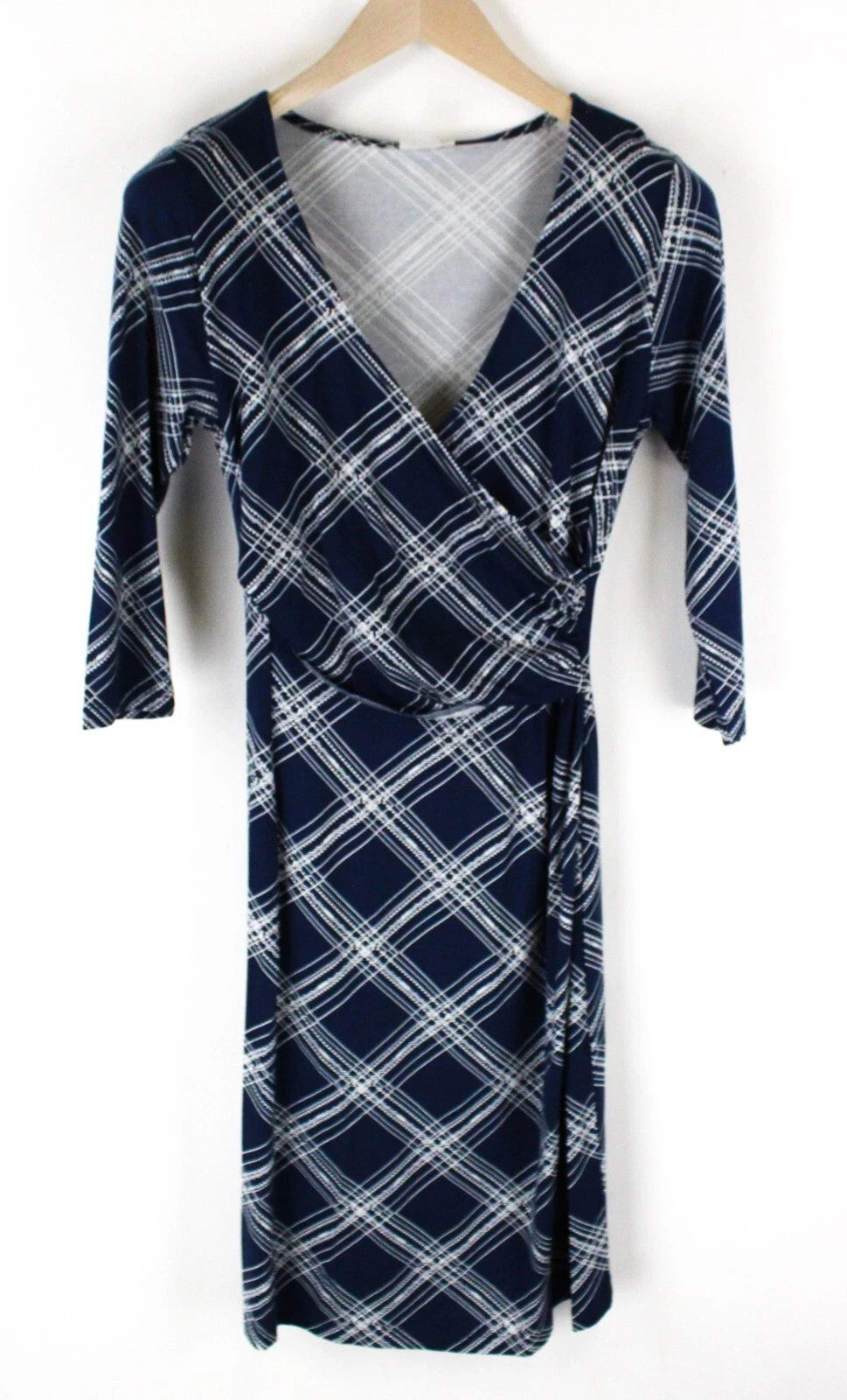 CREAM Women Dress S Dark Blue Stretch Patterned V-Neck 3/4 Sleeved