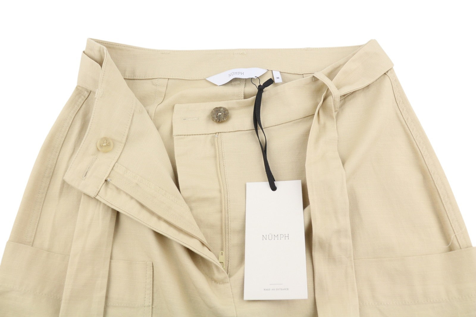 NUMPH Nubizzy Women Skirt EU36 S Beige Belted Patch Pockets Zip Fly Mini
