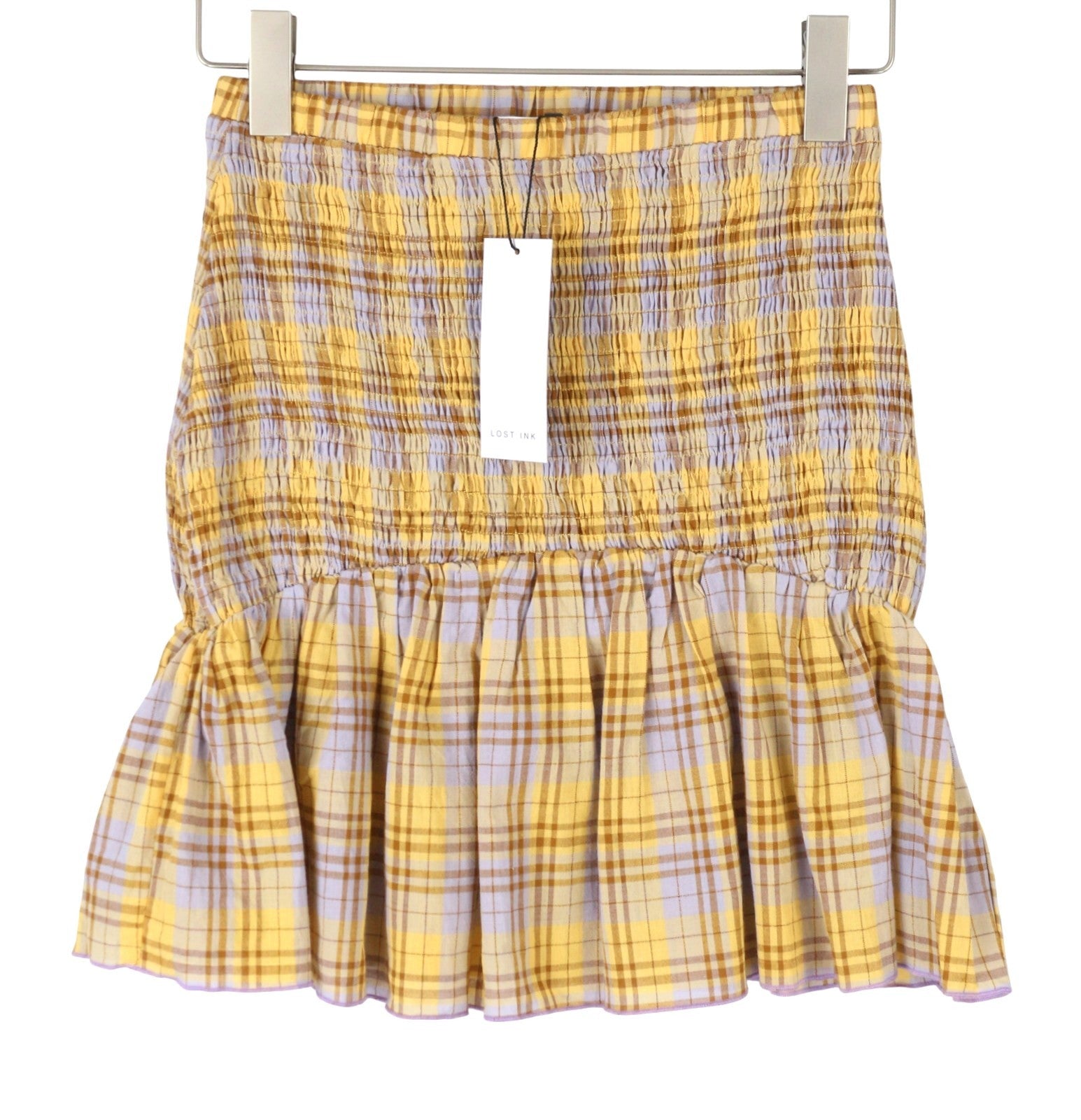 LOST INK Women Skirt EU38 M Yellow Plaid Pattern Stretch Waist Mini