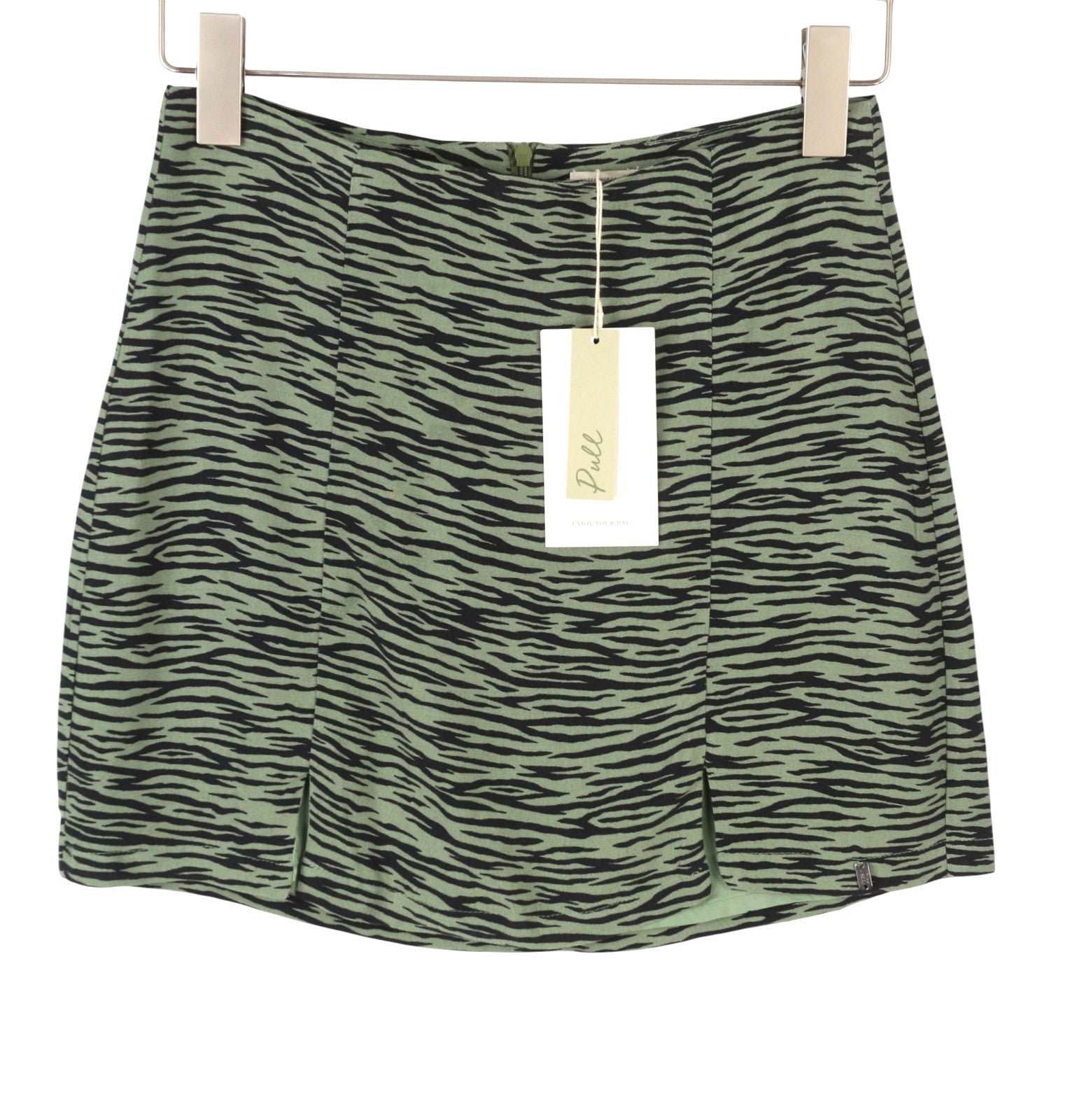 PULL & BEAR Women Skirt M Green Zebra Print Front Split Mini