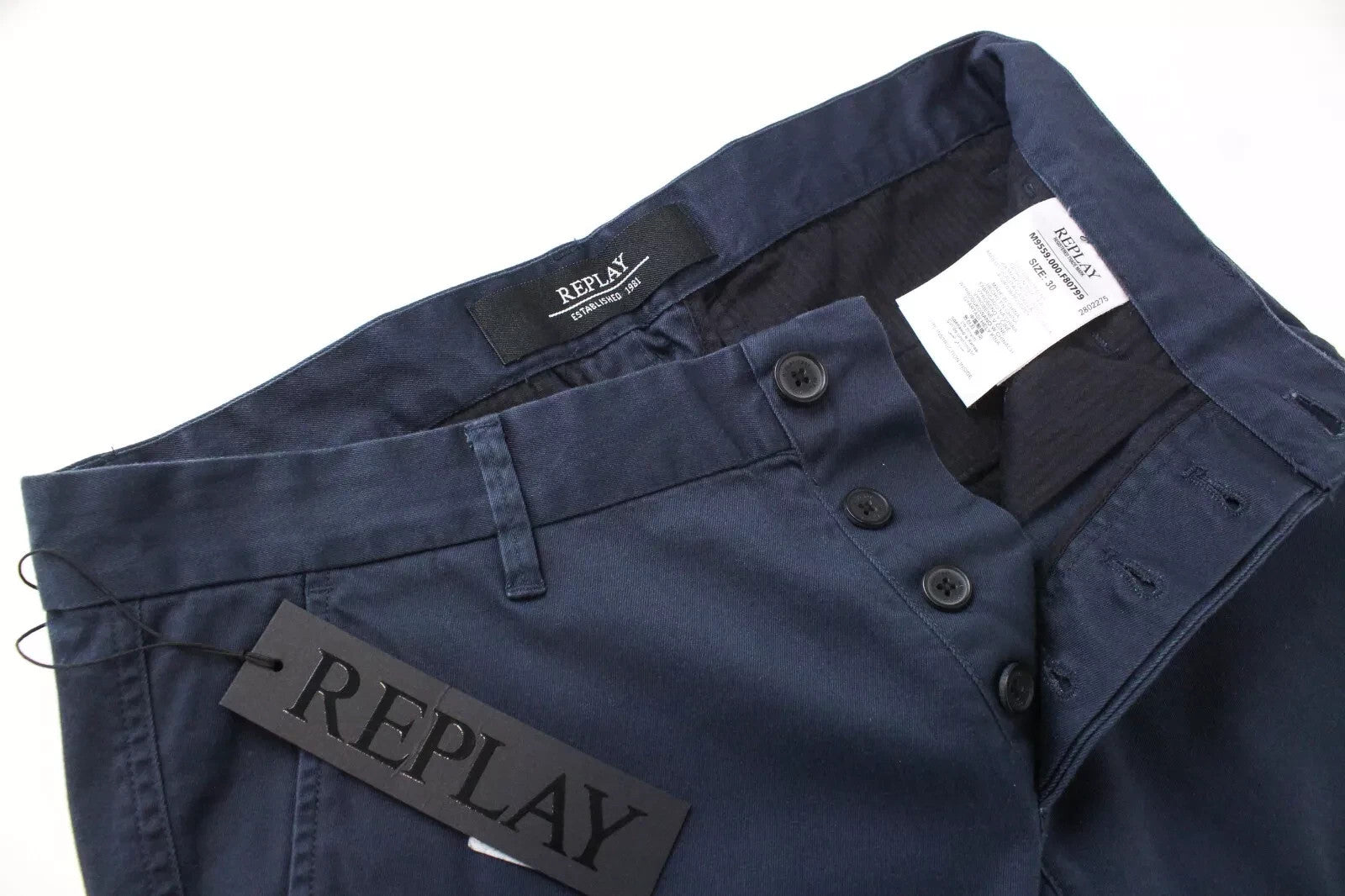 REPLAY Men Trousers 30 Blue Slim Fit Cotton Stretch Casual Slit Pocket