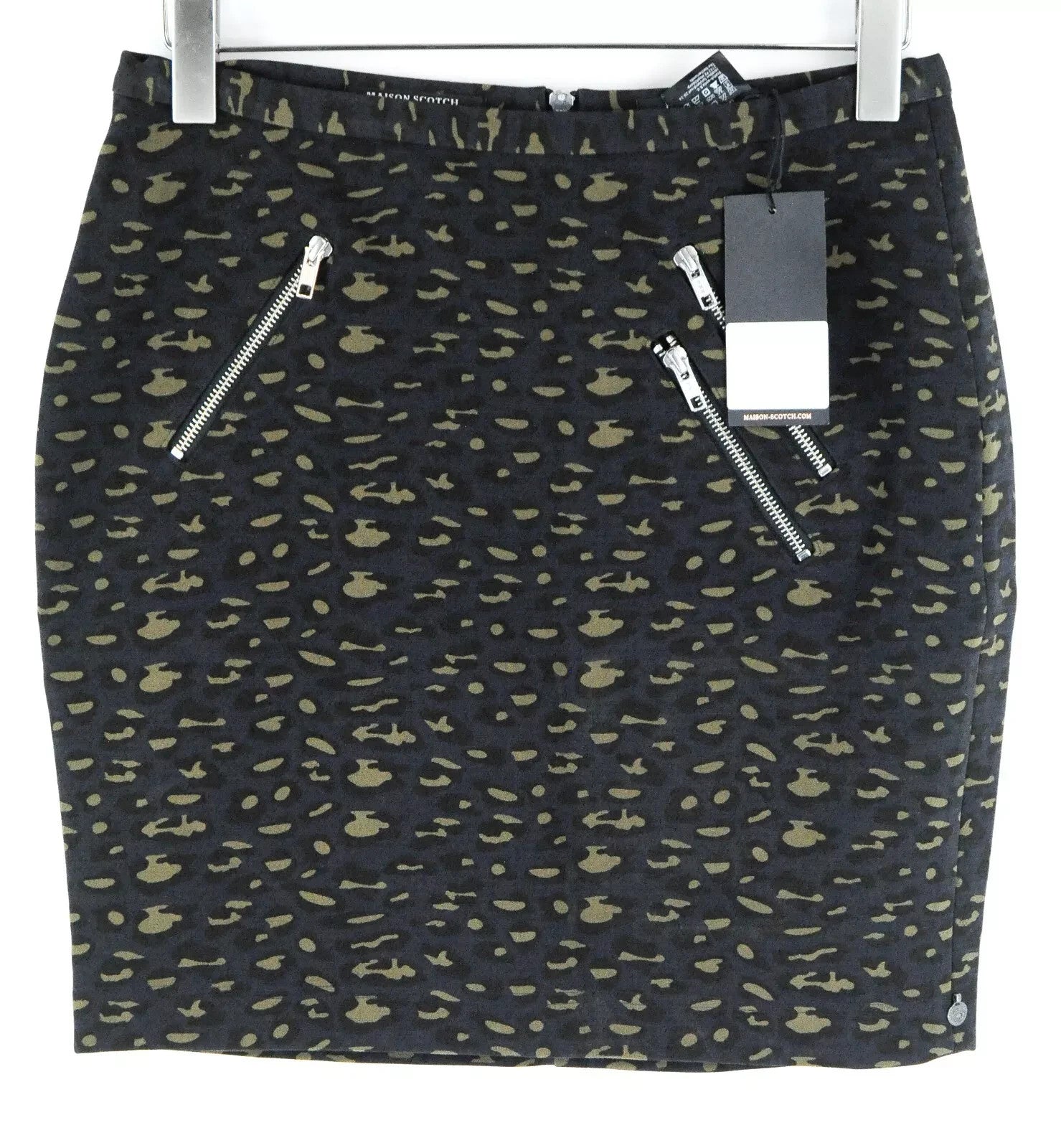 MAISON SCOTCH Women Skirt L Dark Blue Stretch Zip Pockets Animal Patterned
