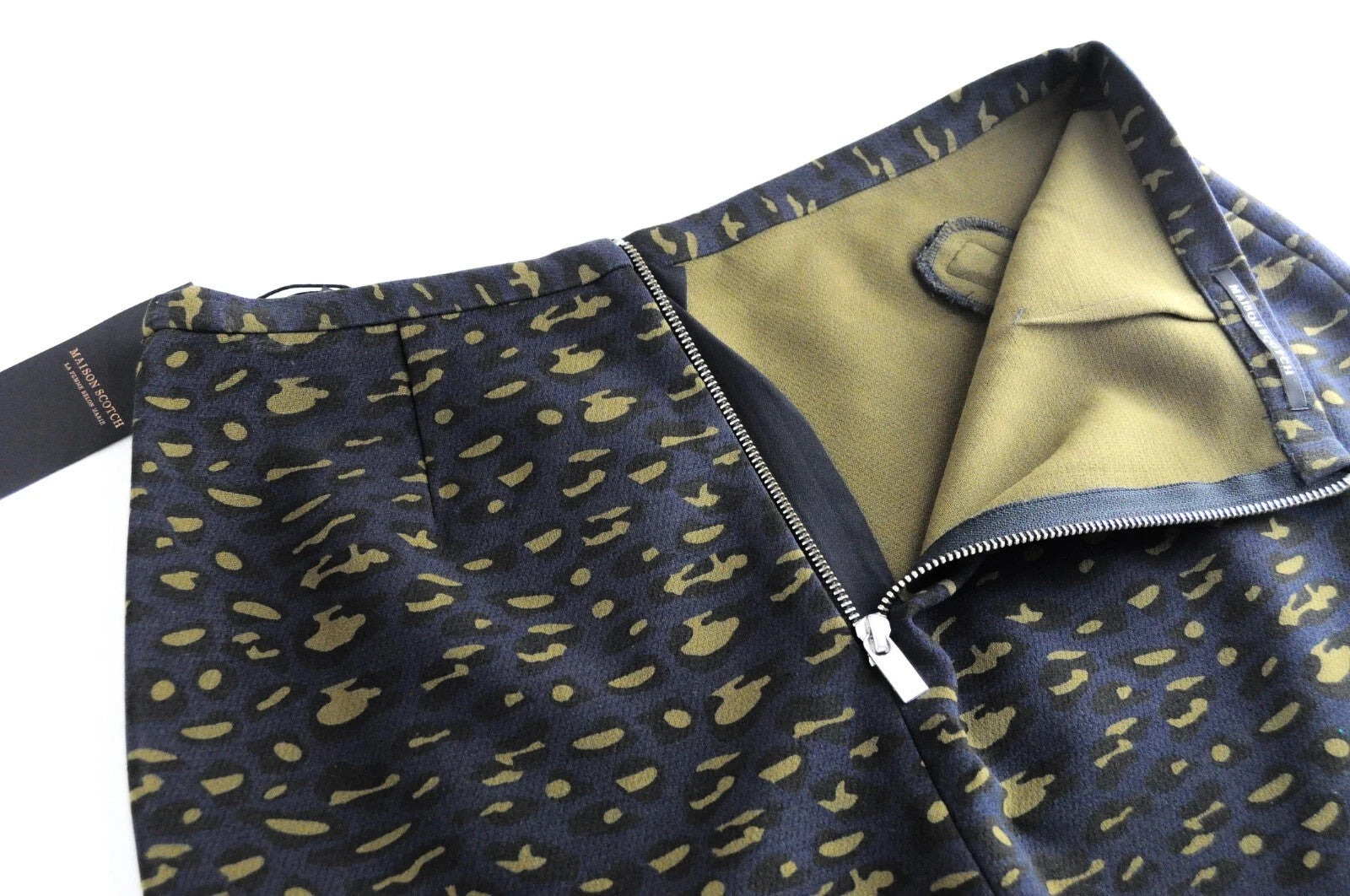 MAISON SCOTCH Women Skirt L Dark Blue Stretch Zip Pockets Animal Patterned
