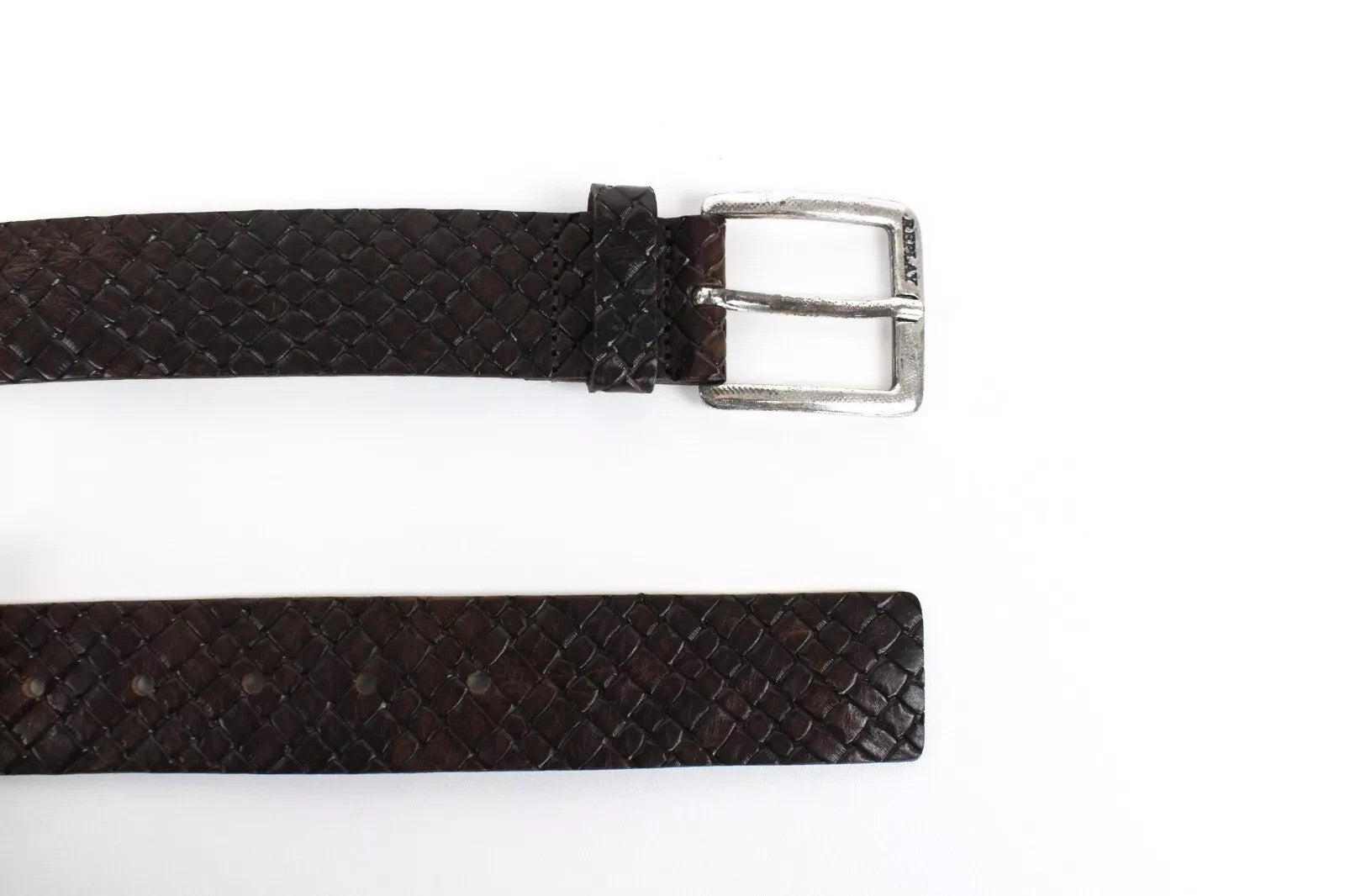 REPLAY Men Belt 85 cm Squared-End Brown Genuine Cow Leather Patterned Buckled