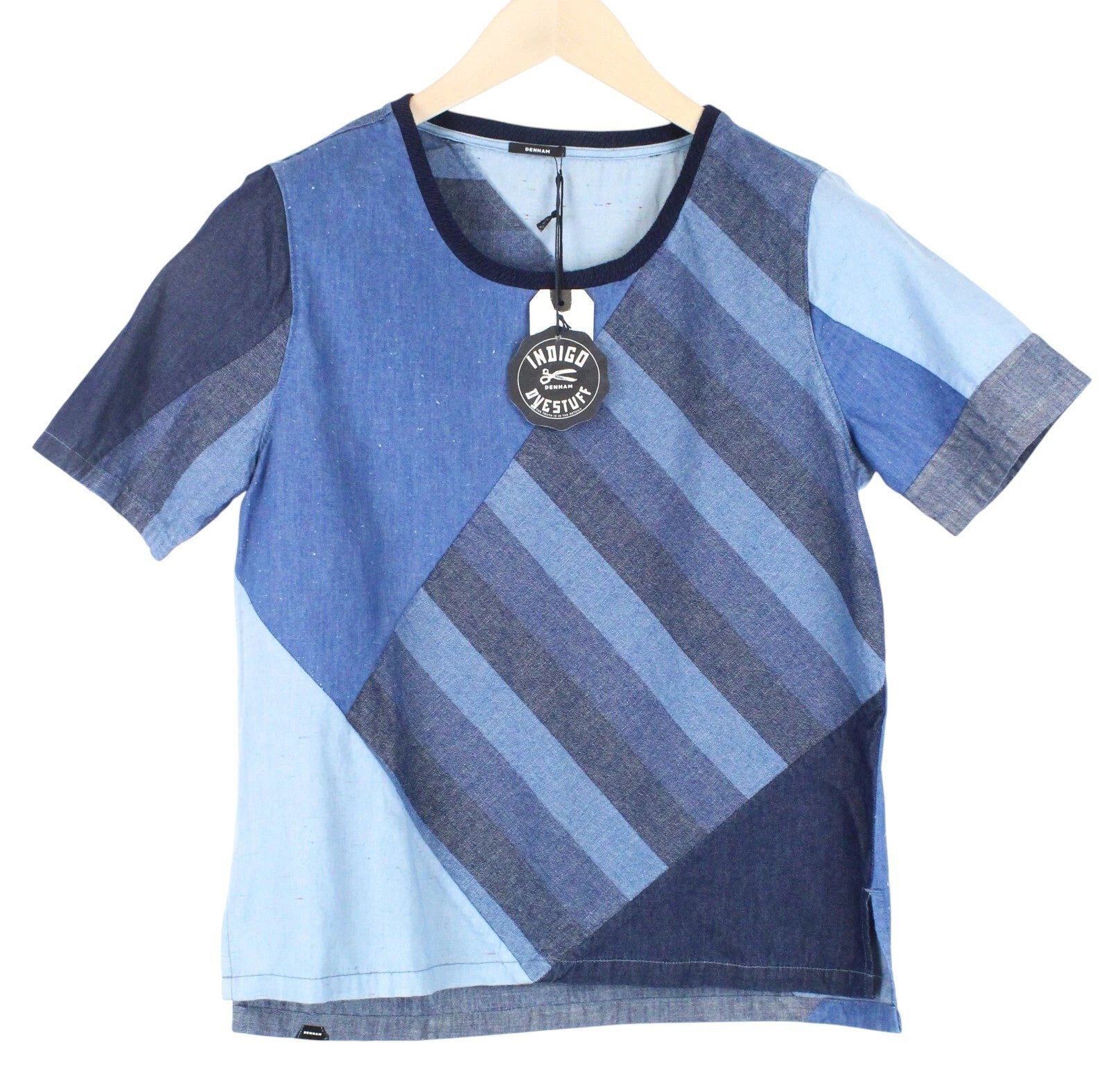 DENHAM Seascape Women T-Shirt s Blue Cotton Patterned Denim Look Short Sleeve