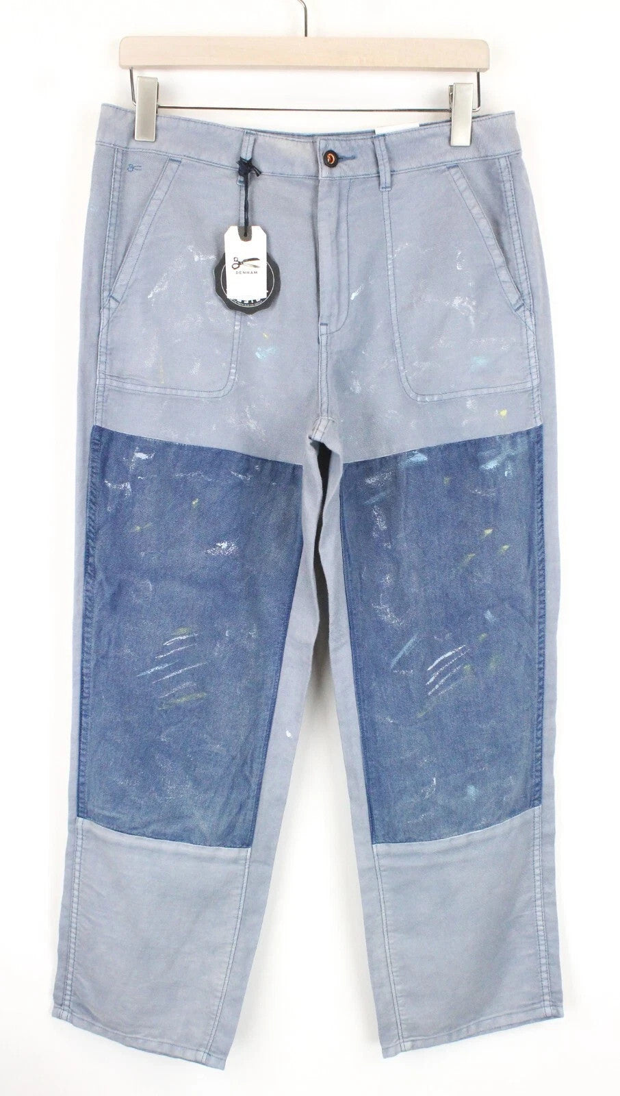 DENHAM Bonnie Women Trousers W28/L28 Blue Wide Fit Linen Cotton Paint Stained
