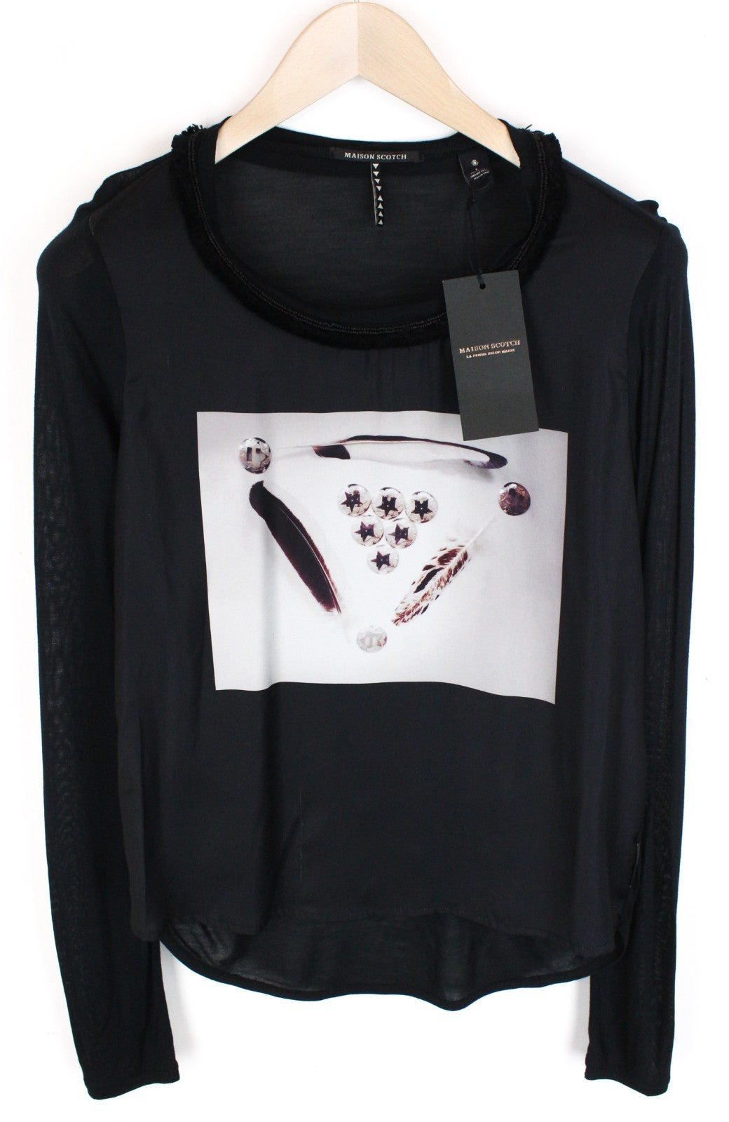 MAISON SCOTCH Women Top S Abstract Printed Black Round Neckline Casual Light