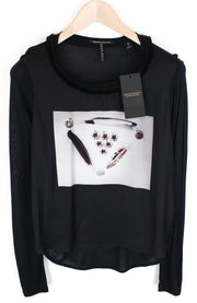 MAISON SCOTCH Women Top S Abstract Printed Black Round Neckline Casual Light