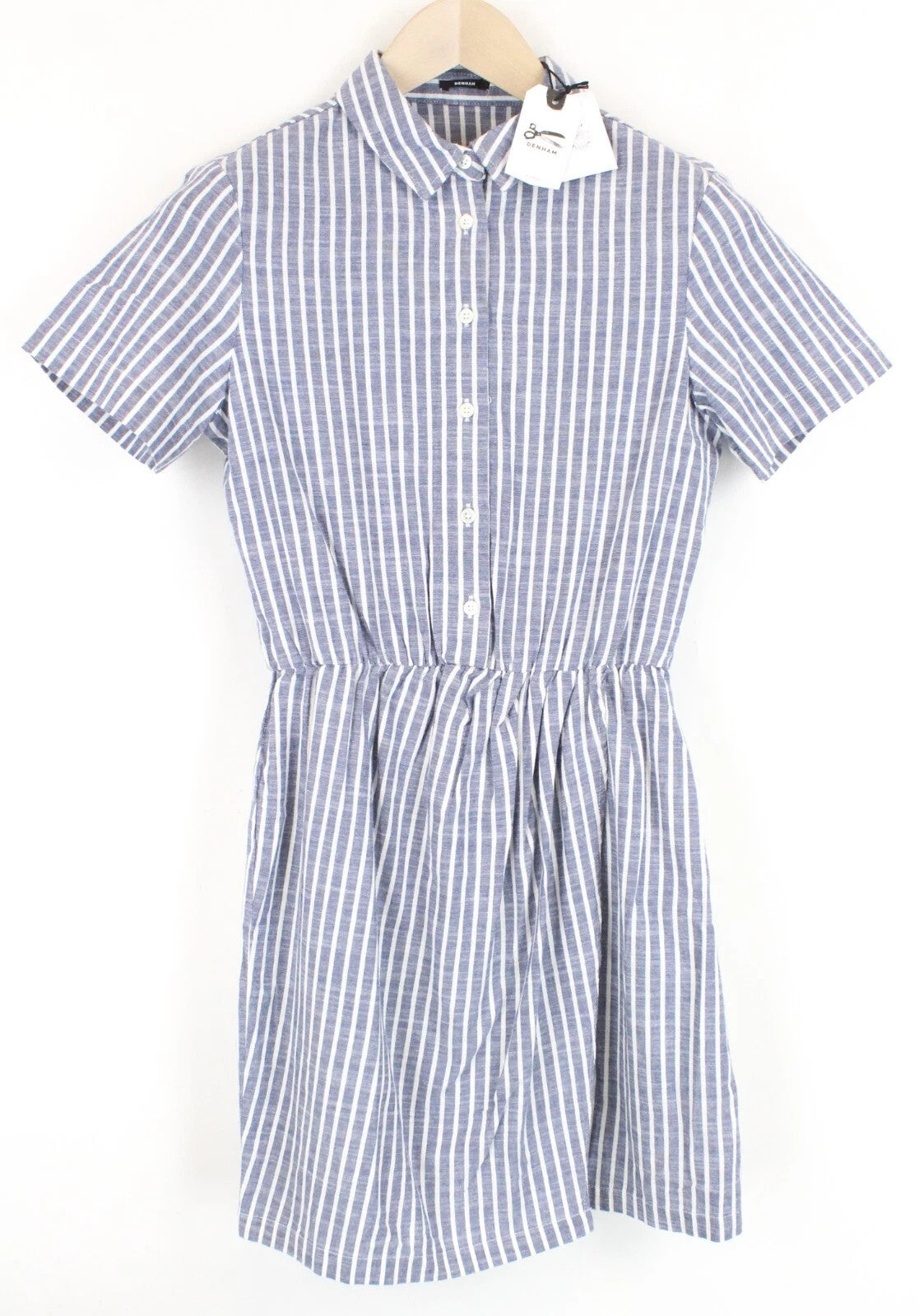 DENHAM Ellen Women Dress XS Blue Pure Cotton Striped Short Sleeved Half-Button