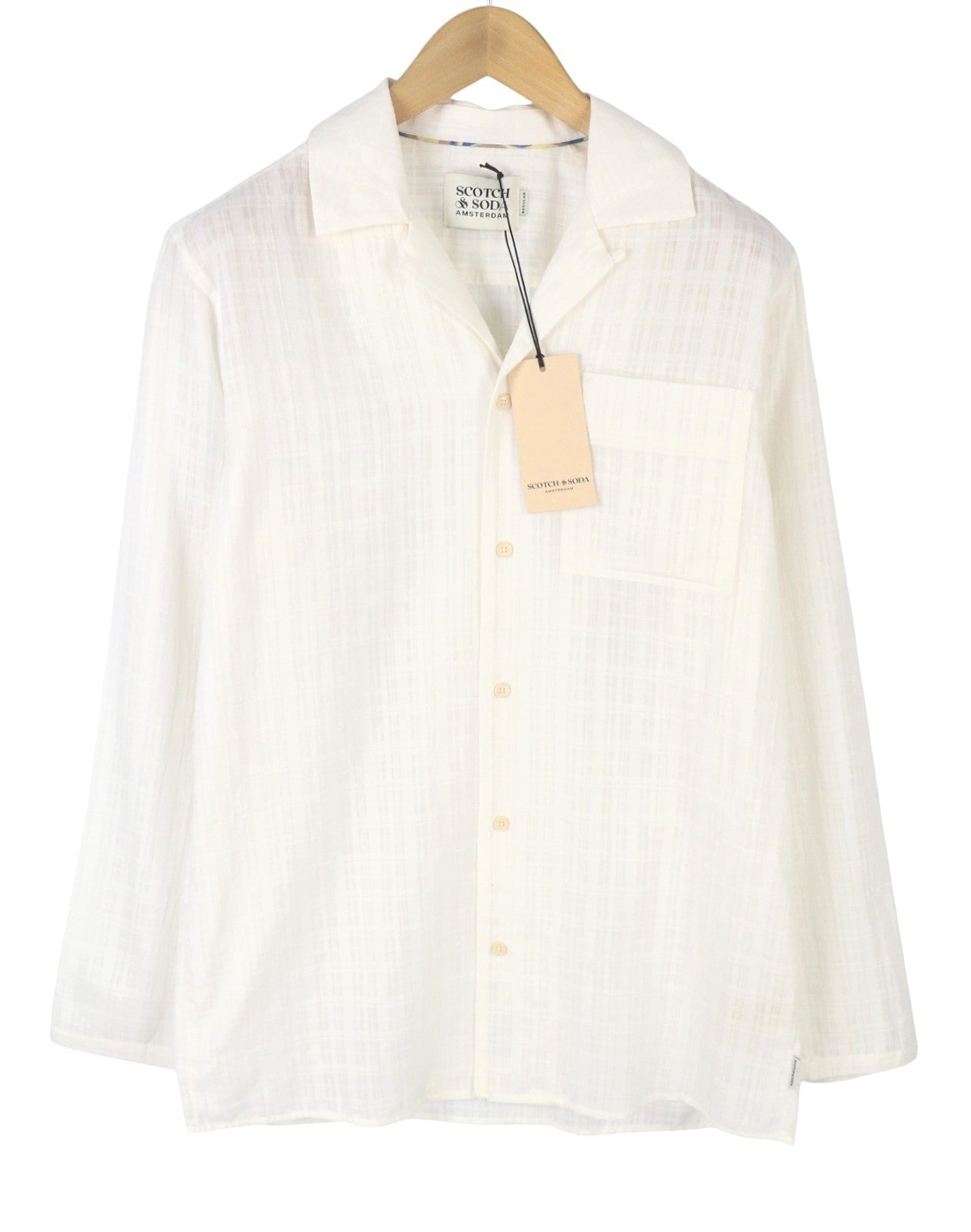 SCOTCH & SODA Men Shirt M White Plaid Texture Patch Pocket Slightly Sheer