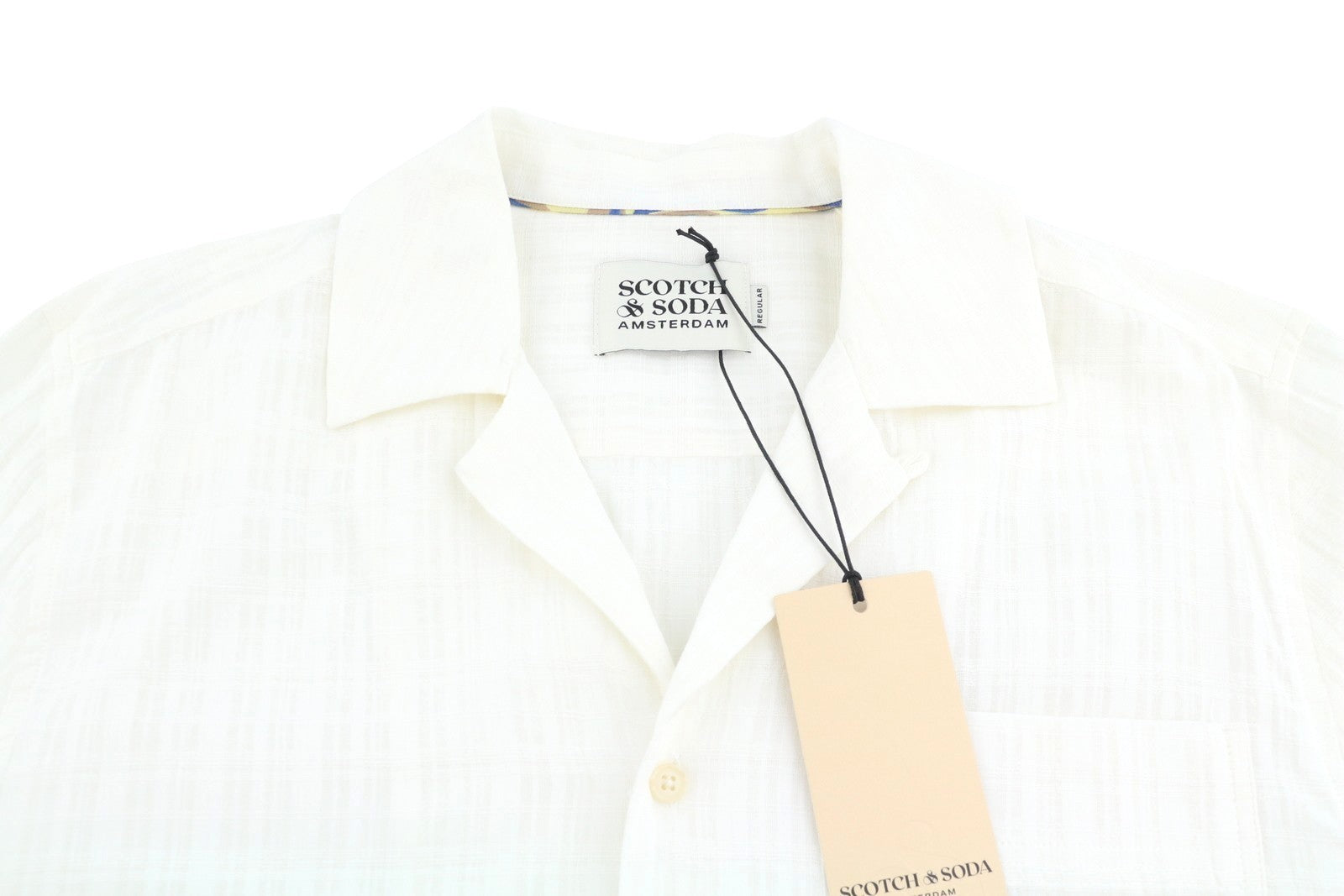 SCOTCH & SODA Men Shirt M White Plaid Texture Patch Pocket Slightly Sheer