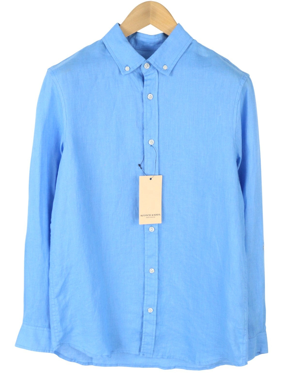 SCOTCH & SODA Men Shirt M Blue Linen Regular Fit Button Down Neck Roll-Up Casual