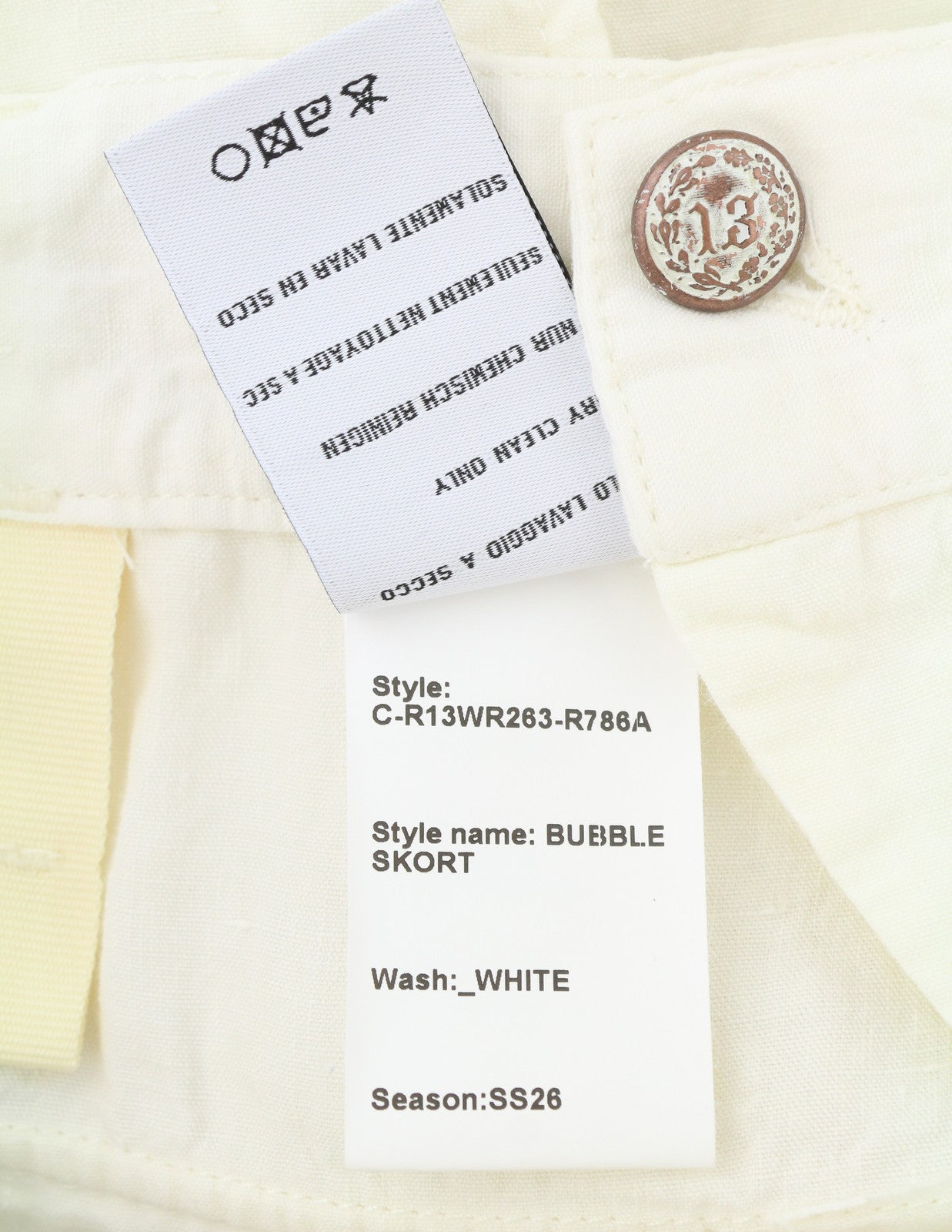 R13 Bubble Skort Women Shorts 25 White Linen Patch Pockets Button Fly SS26