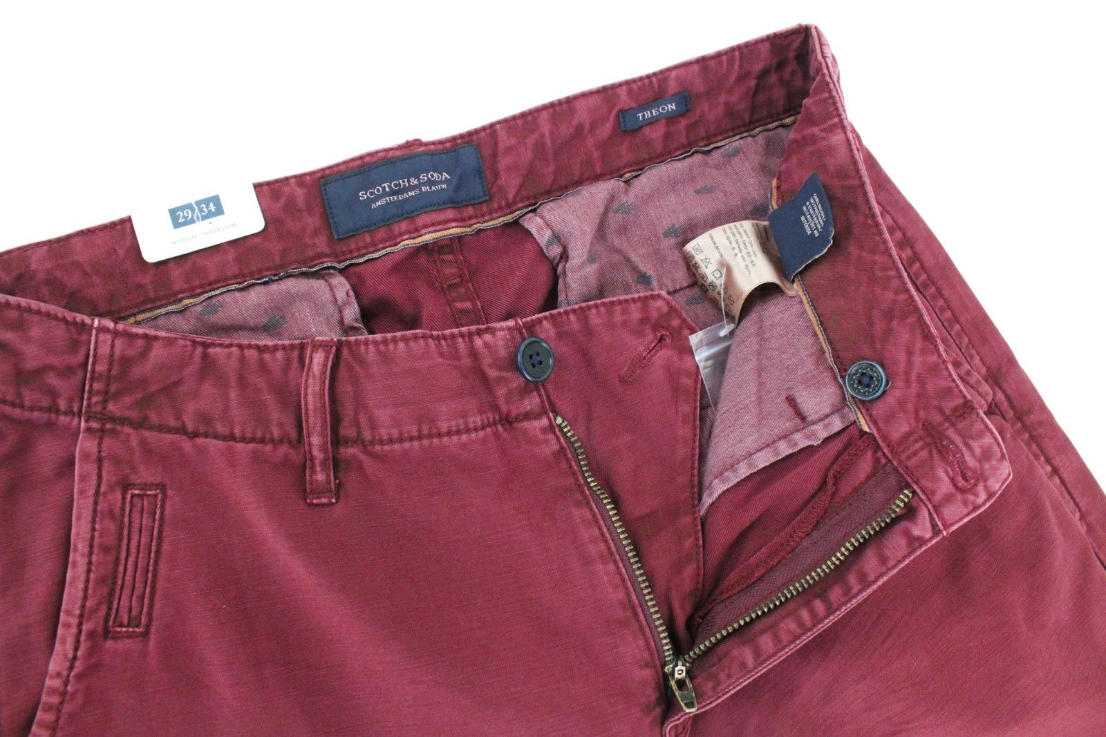 SCOTCH & SODA Theon Men Trousers W29/L34 Garment Dyed Hem Red Slim Fit Zip-Fly