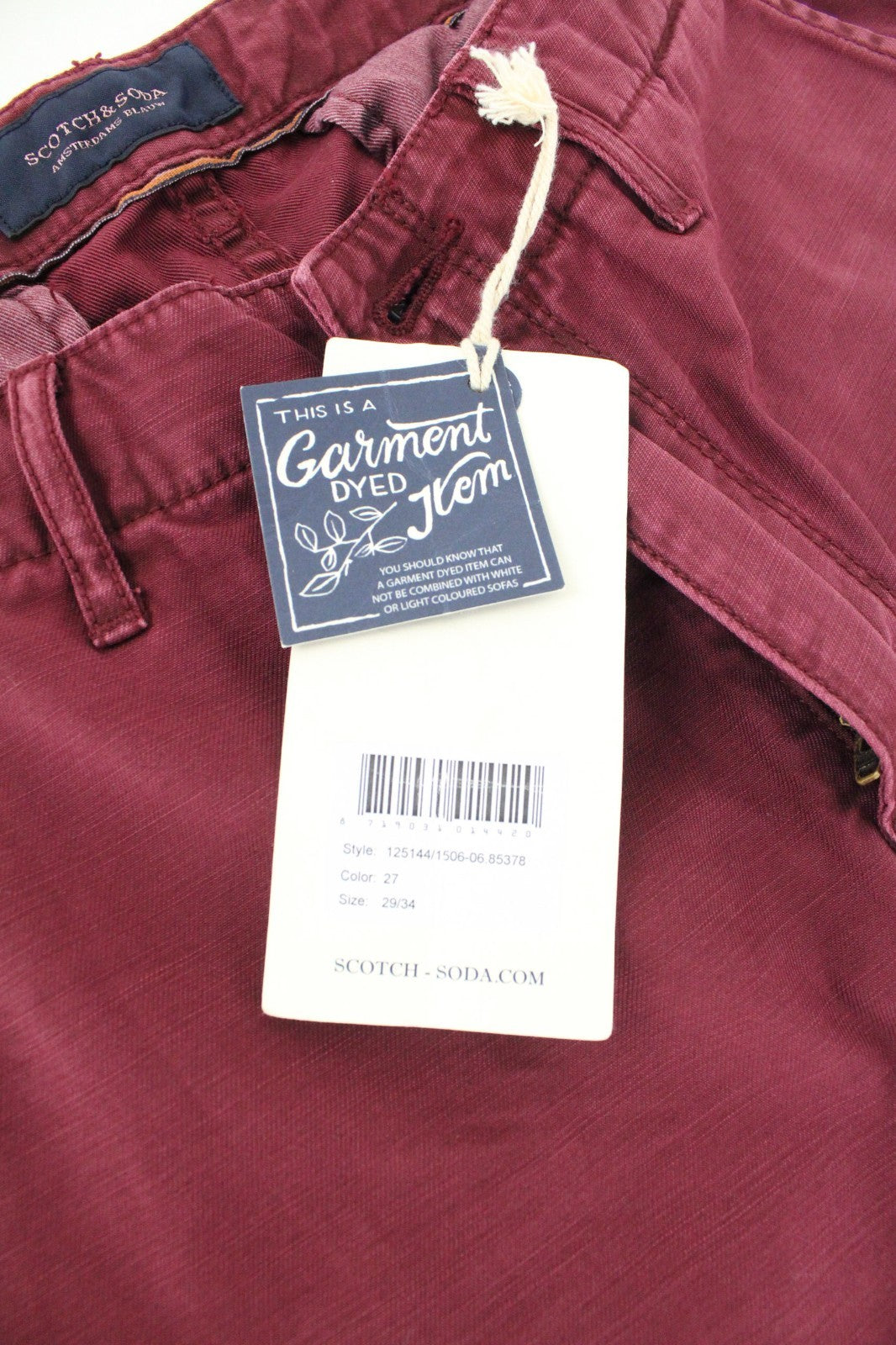 SCOTCH & SODA Theon Men Trousers W29/L34 Garment Dyed Hem Red Slim Fit Zip-Fly
