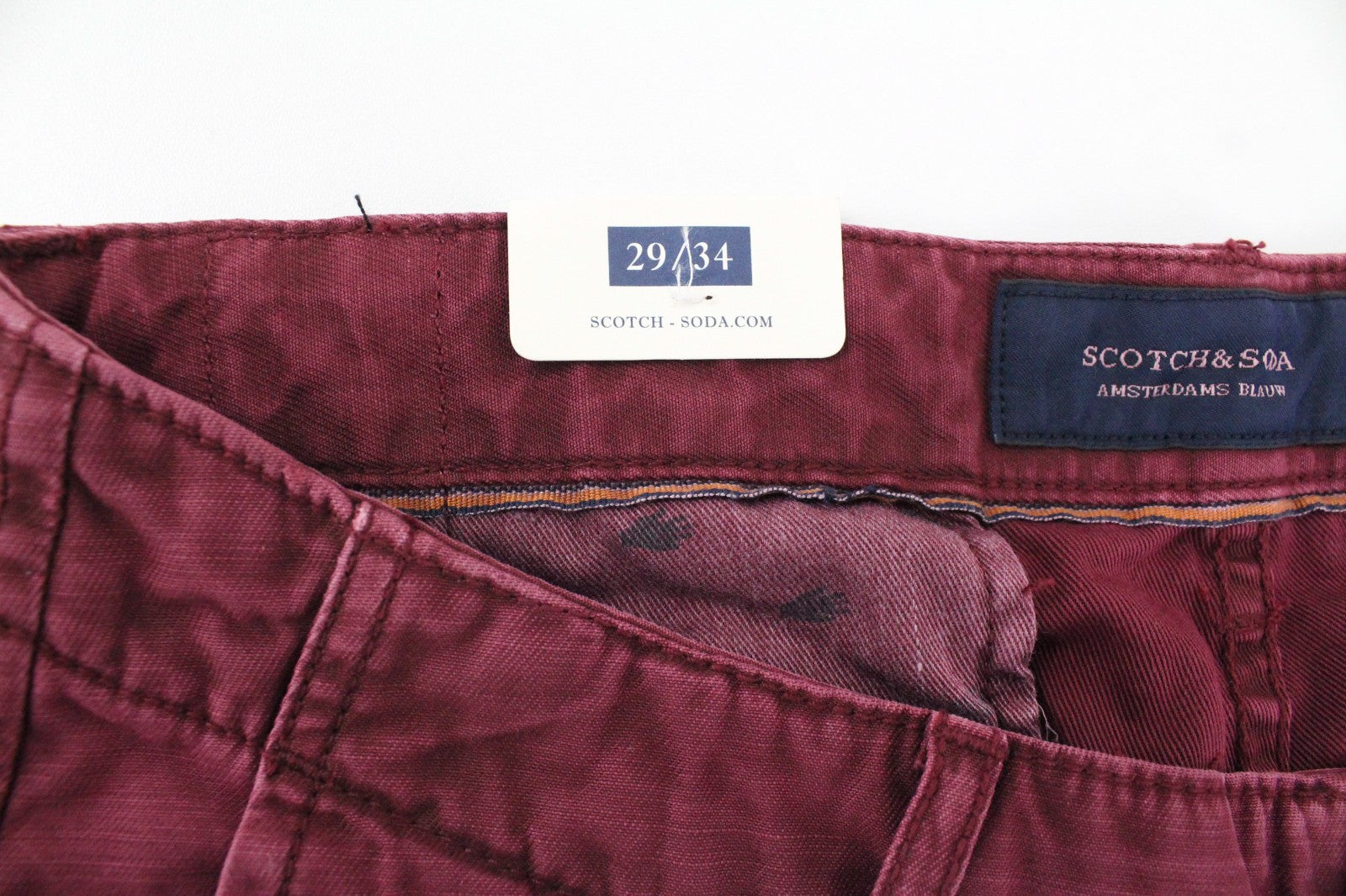 SCOTCH & SODA Theon Men Trousers W29/L34 Garment Dyed Hem Red Slim Fit Zip-Fly