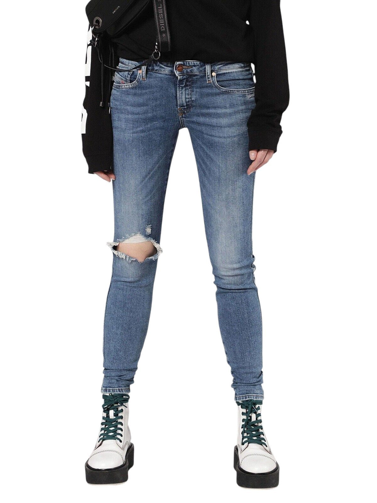 DIESEL Gracey 069AI Women Jeans W29/L32 Super Slim-Skinny Low Distressed Blue