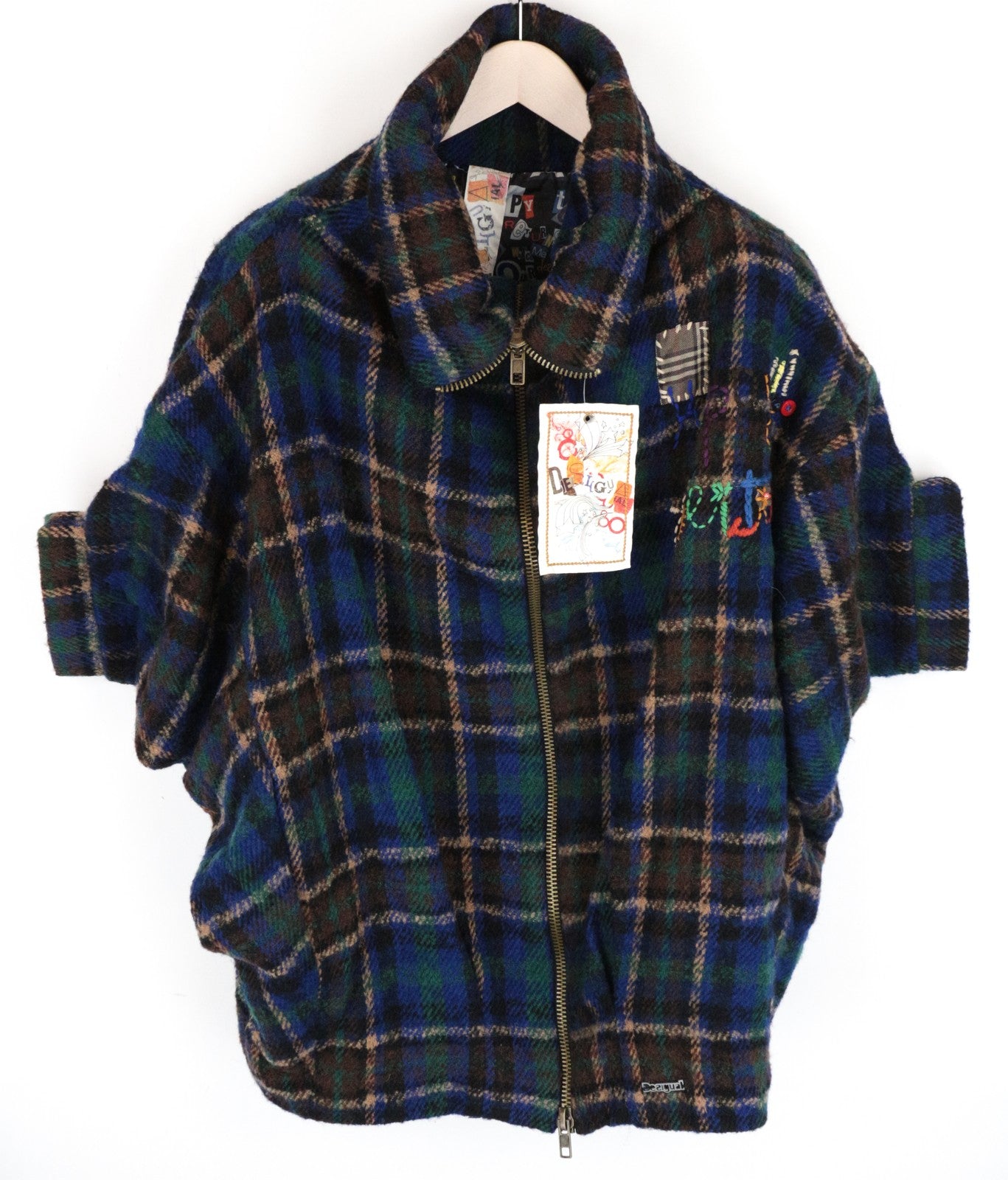 DESIGUAL Women Jacket 42 Blue Green Wool Blend Checked Patterned Short Sleeve