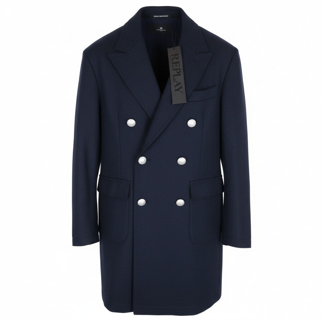 REPLAY Men Coat 48 M Blue Wool Blend Double-Breasted Peak Collared RRP499