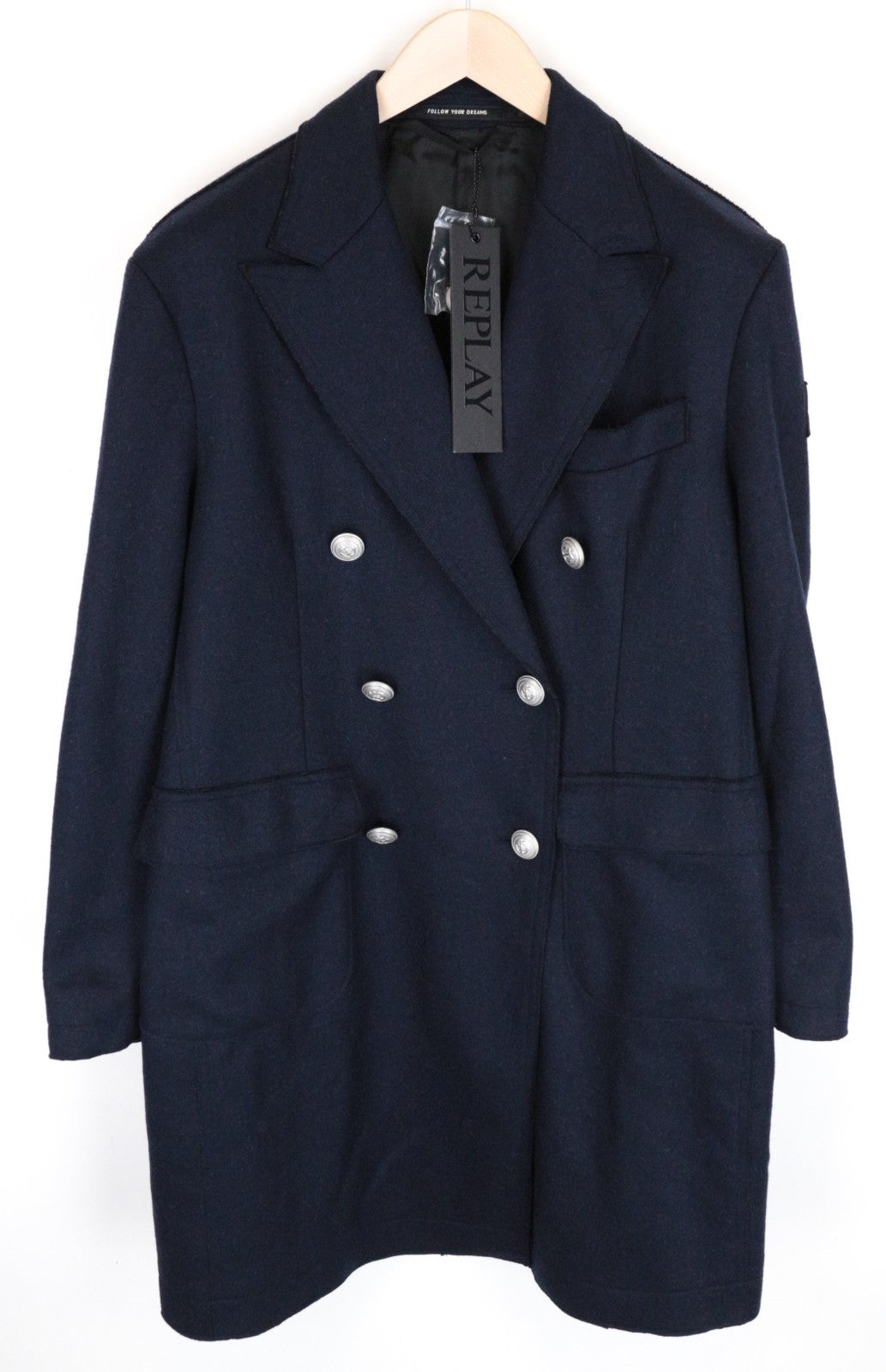 REPLAY Men Coat 50 L Blue Wool Blend Double-Breasted Peak Collared RRP499