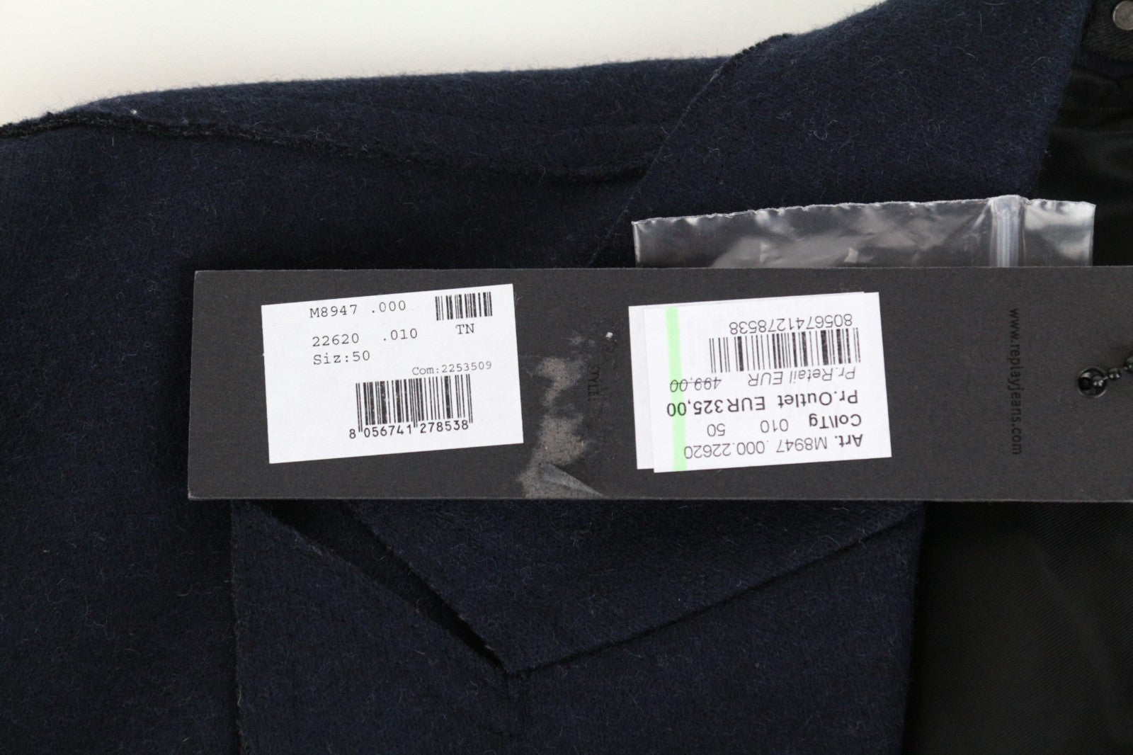 REPLAY Men Coat 50 L Blue Wool Blend Double-Breasted Peak Collared RRP499