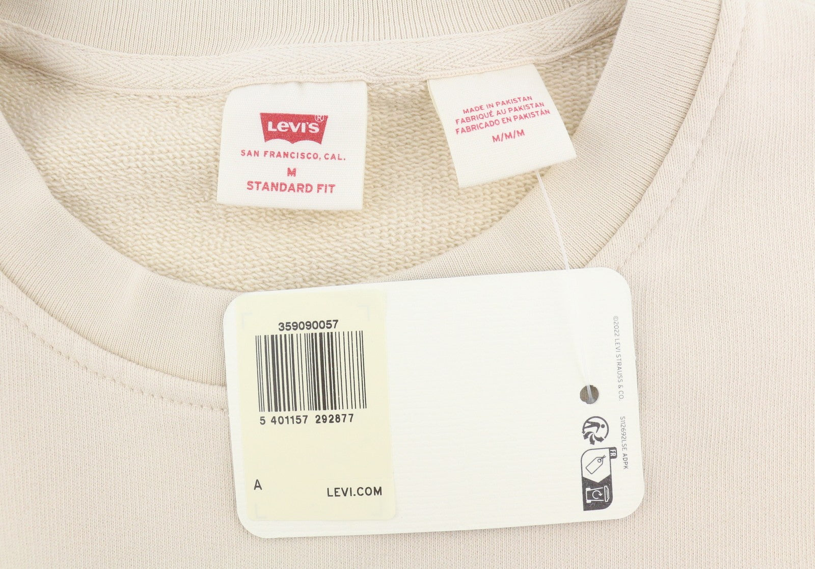 LEVI'S Standard Fit Men Sweatshirt M Beige Crew Neck Long Sleeve Pull On