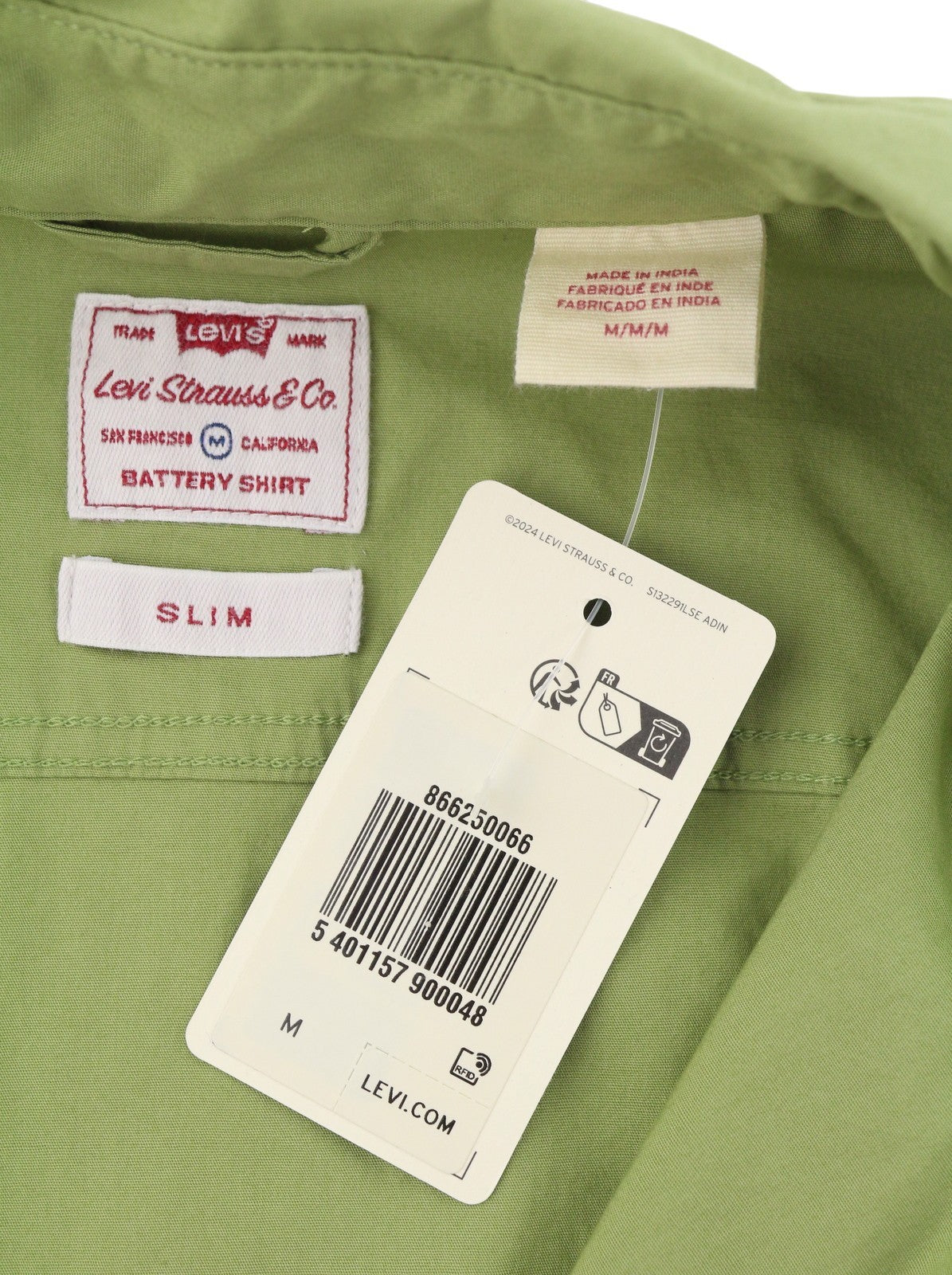 LEVI'S Battery Men Shirt M Green Slim Fit Spread Collar Button-Up