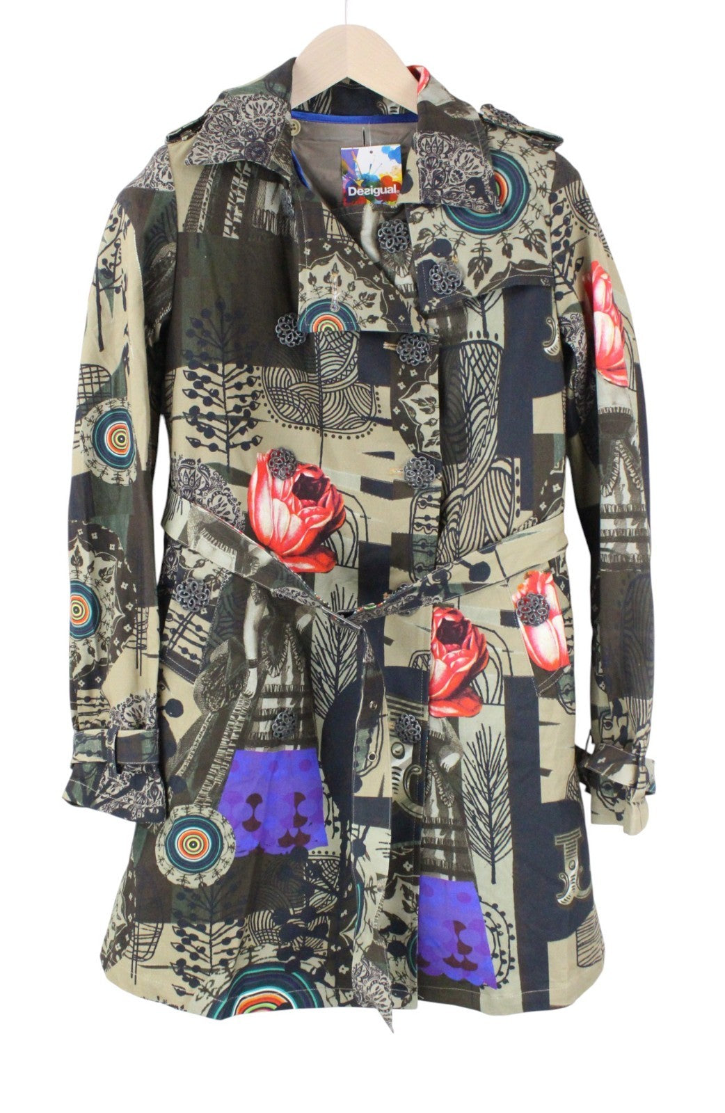 DESIGUAL Demption Women Coat EU38  M Brown Double-Breasted Patterned Lined