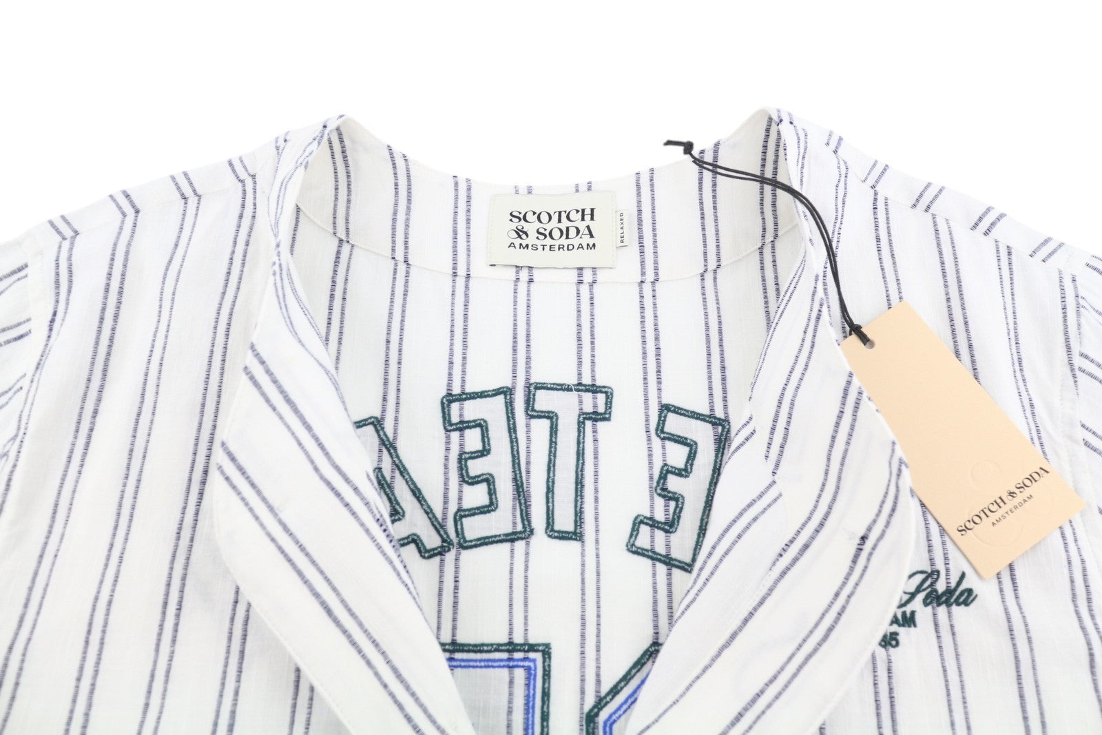 SCOTCH & SODA Men Shirt M White Relaxed Pinstriped Baseball Short Sleeve