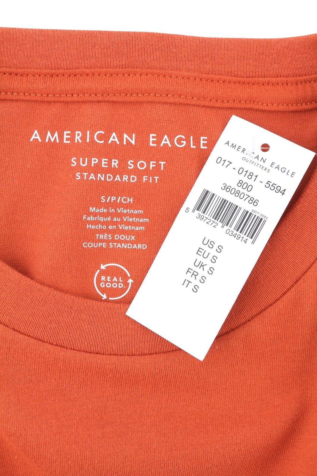 AMERICAN EAGLE OUTFITTERS Men T-Shirt S Orange Super Soft Standard Short Sleeve