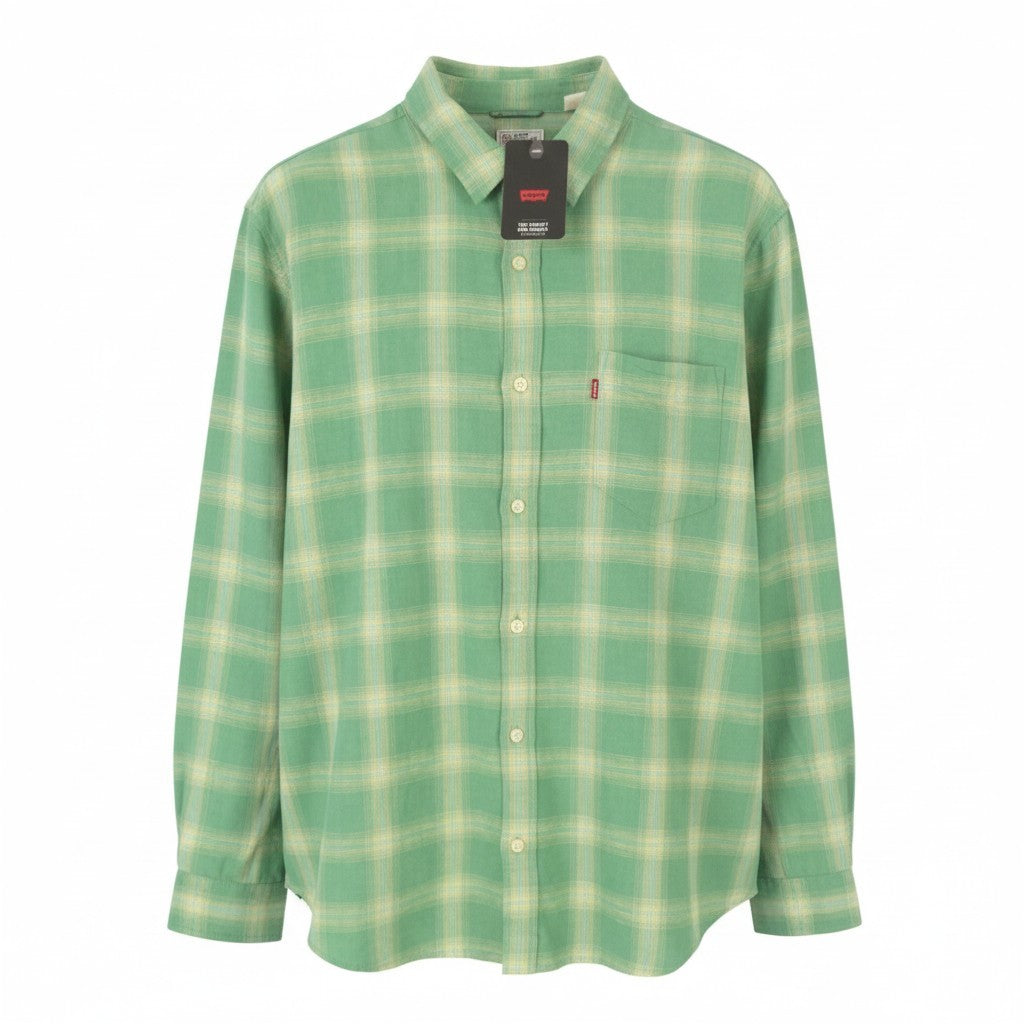 LEVI'S Sunset On Pocket Men Shirt XL Green Plaid Linen Blend Standard Button-Up