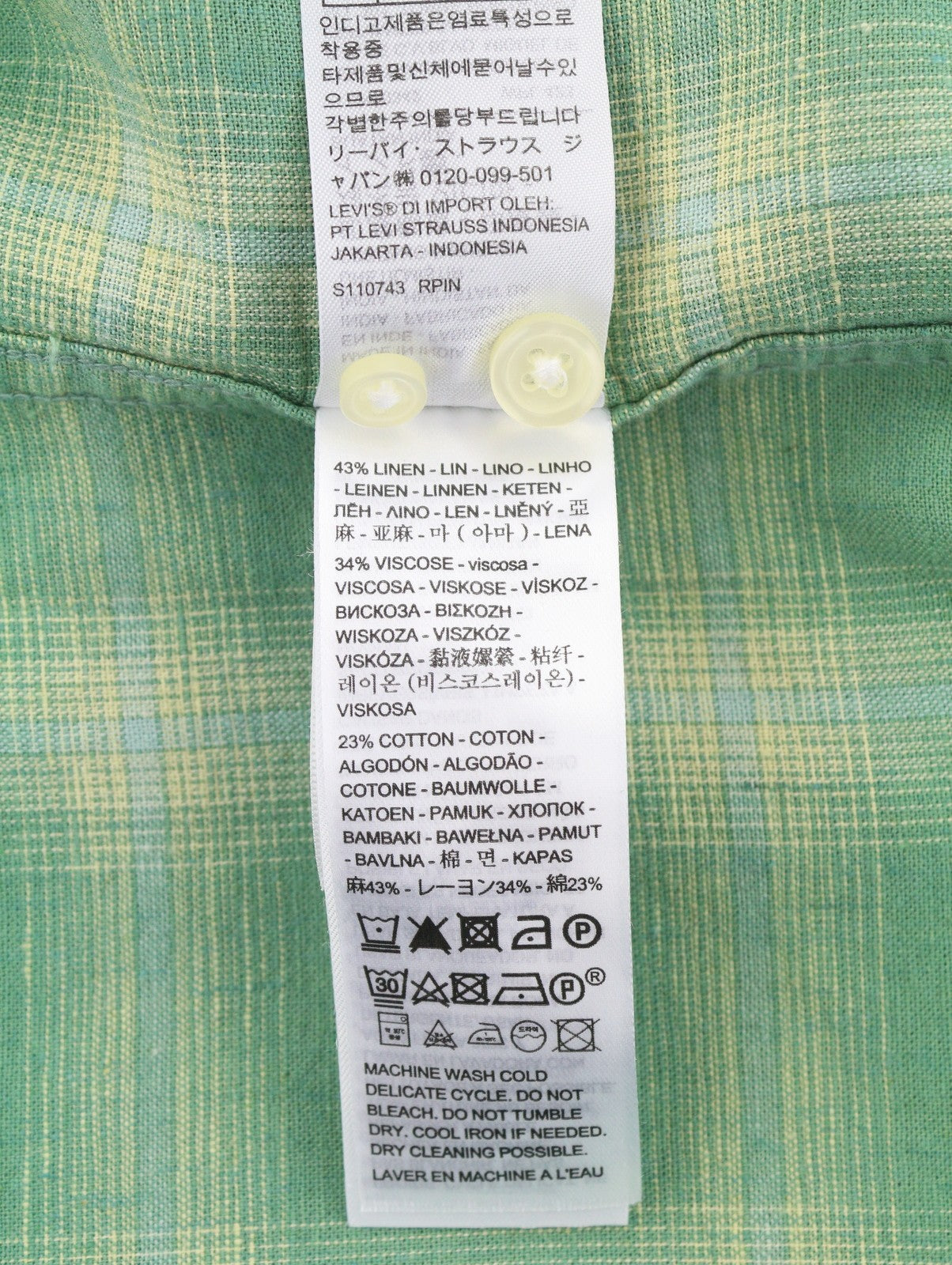 LEVI'S Sunset On Pocket Men Shirt XL Green Plaid Linen Blend Standard Button-Up