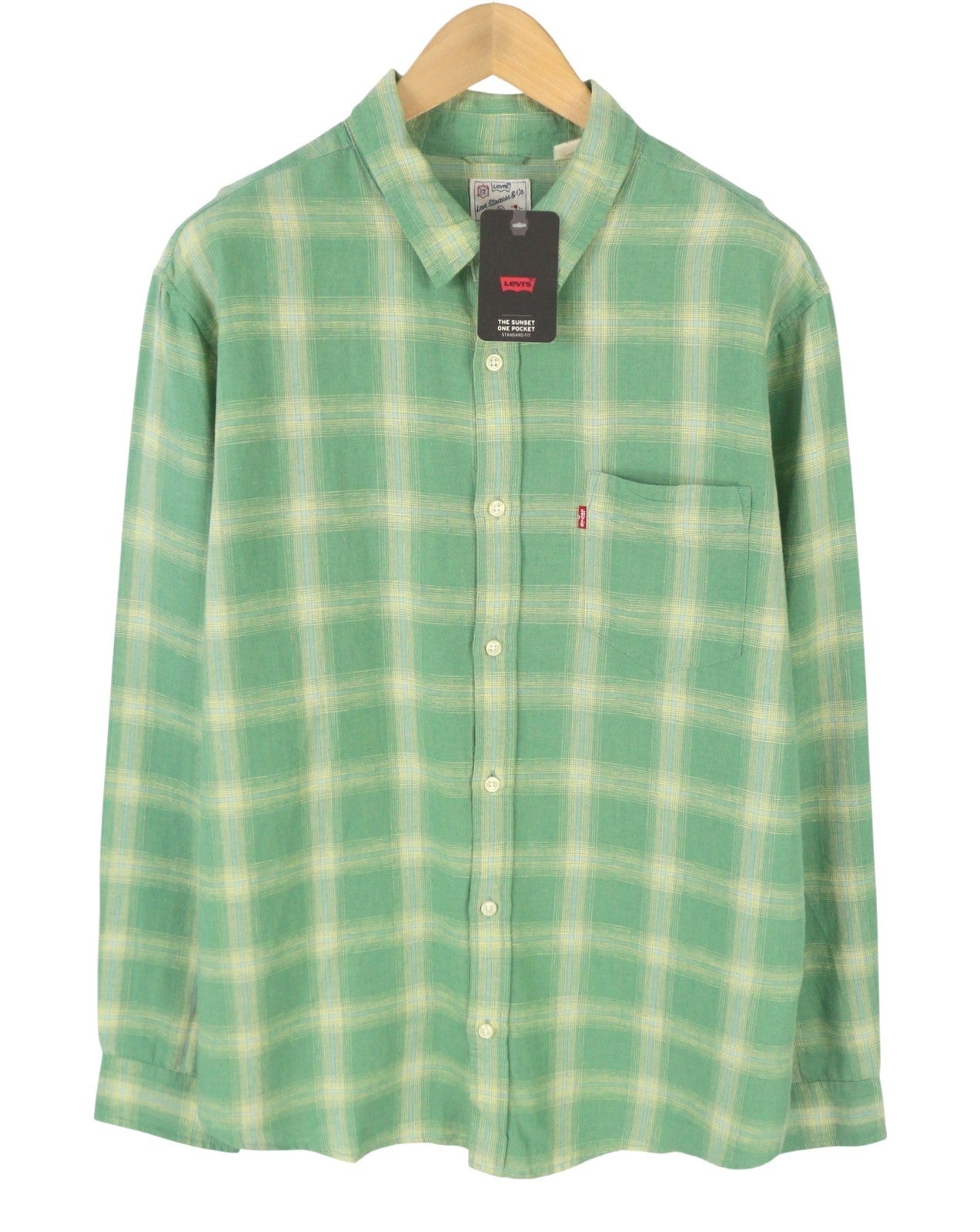 LEVI'S Sunset On Pocket Men Shirt XL Green Plaid Linen Blend Standard Button-Up