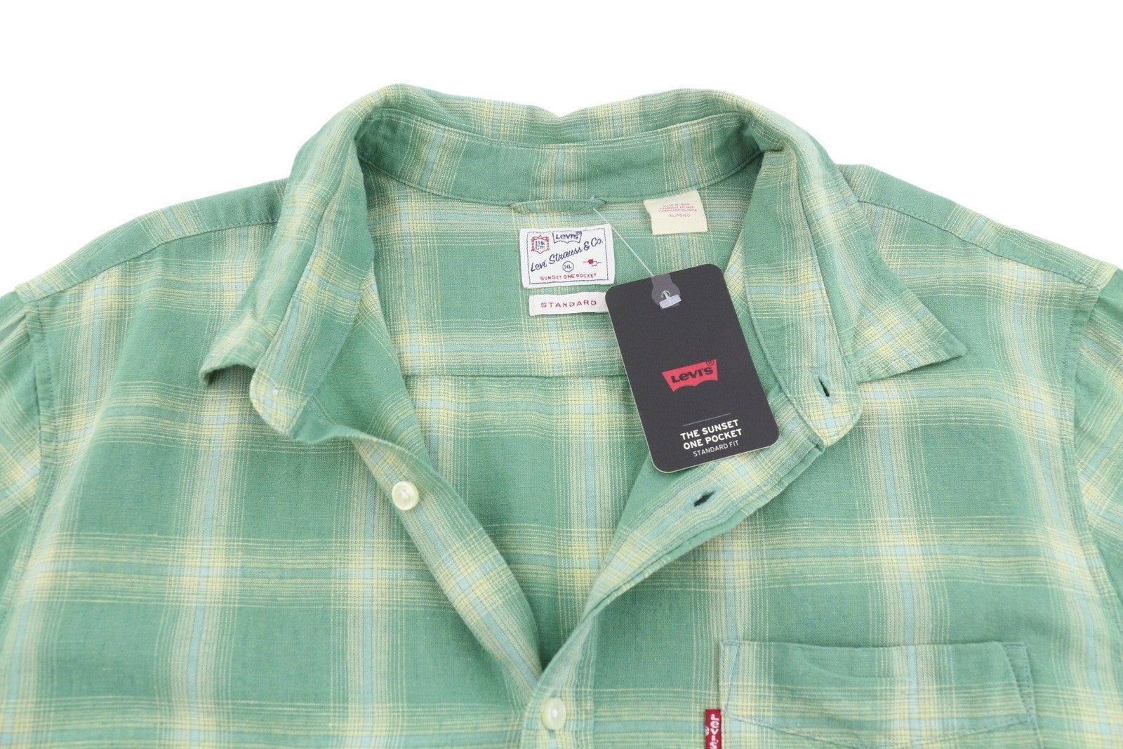 LEVI'S Sunset On Pocket Men Shirt XL Green Plaid Linen Blend Standard Button-Up