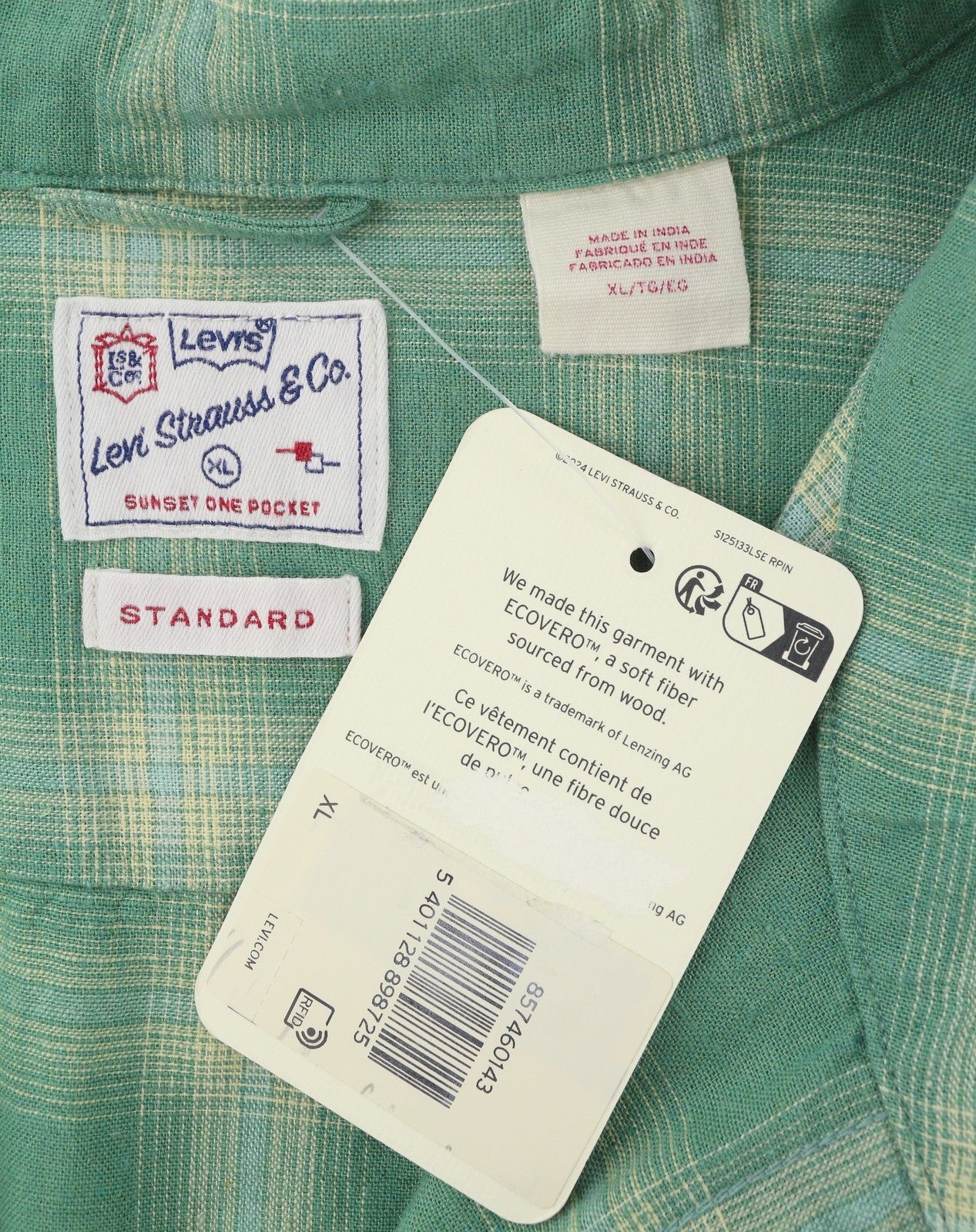 LEVI'S Sunset On Pocket Men Shirt XL Green Plaid Linen Blend Standard Button-Up