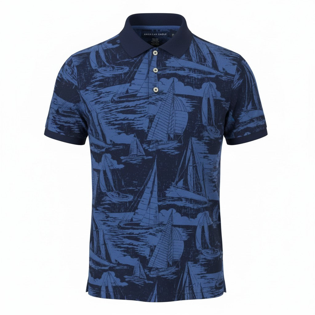 AMERICAN EAGLE OUTFITTERS Men Polos XS Blue Cotton Patterned Short Sleeve