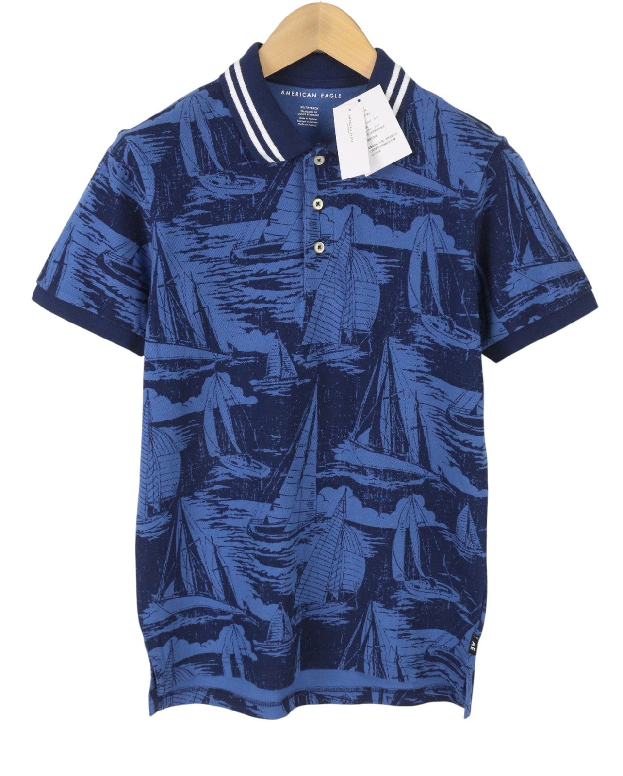 AMERICAN EAGLE OUTFITTERS Men Polos XS Blue Cotton Patterned Short Sleeve