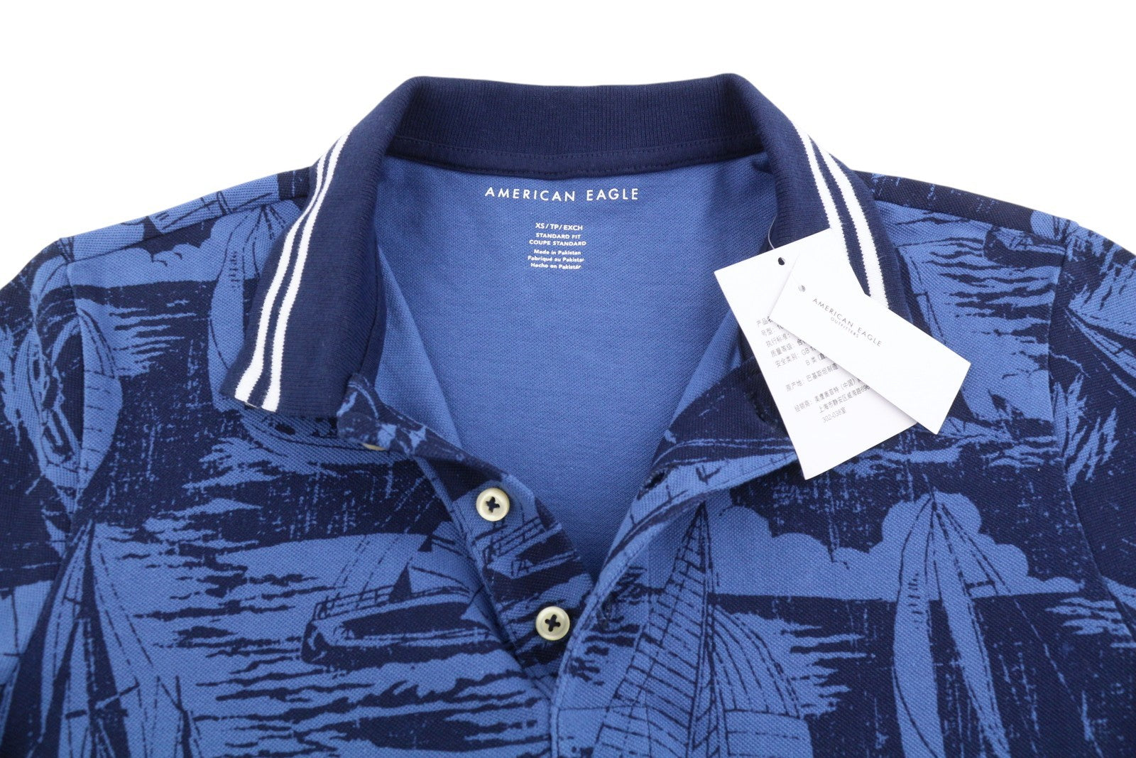 AMERICAN EAGLE OUTFITTERS Men Polos XS Blue Cotton Patterned Short Sleeve