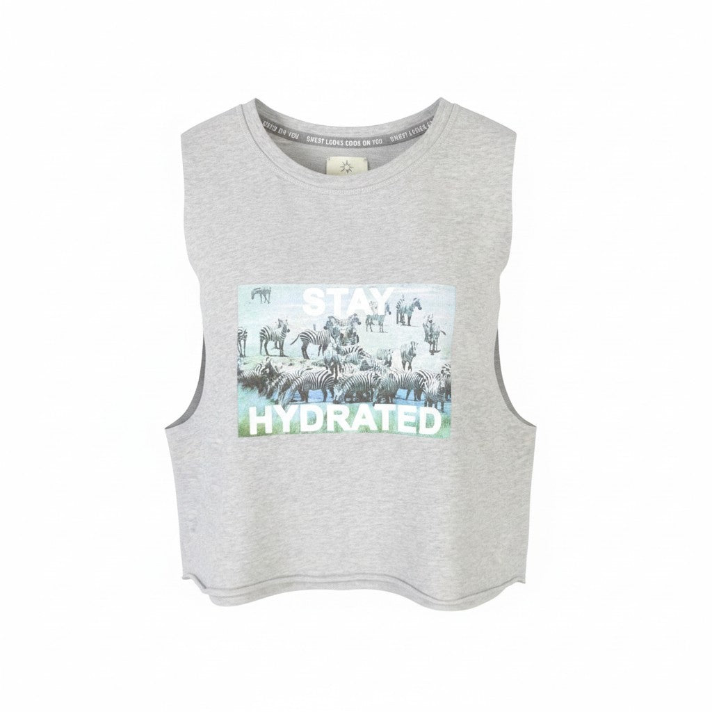 OFFLINE BY AERIE Women T-Shirt XS Grey Melange Zebra Print Sleeveless