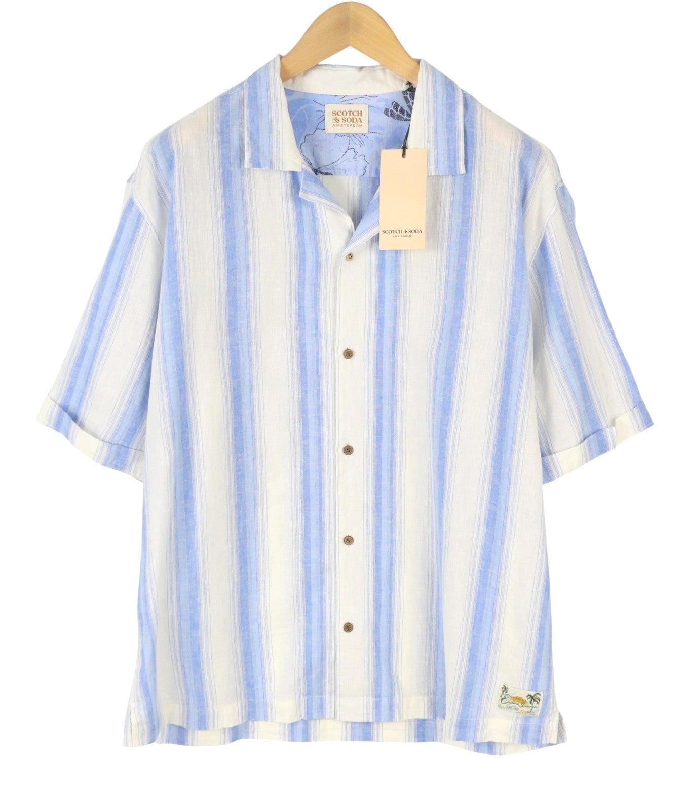 SCOTCH & SODA Men Shirt XL White Striped Linen Blend Button Short Sleeve