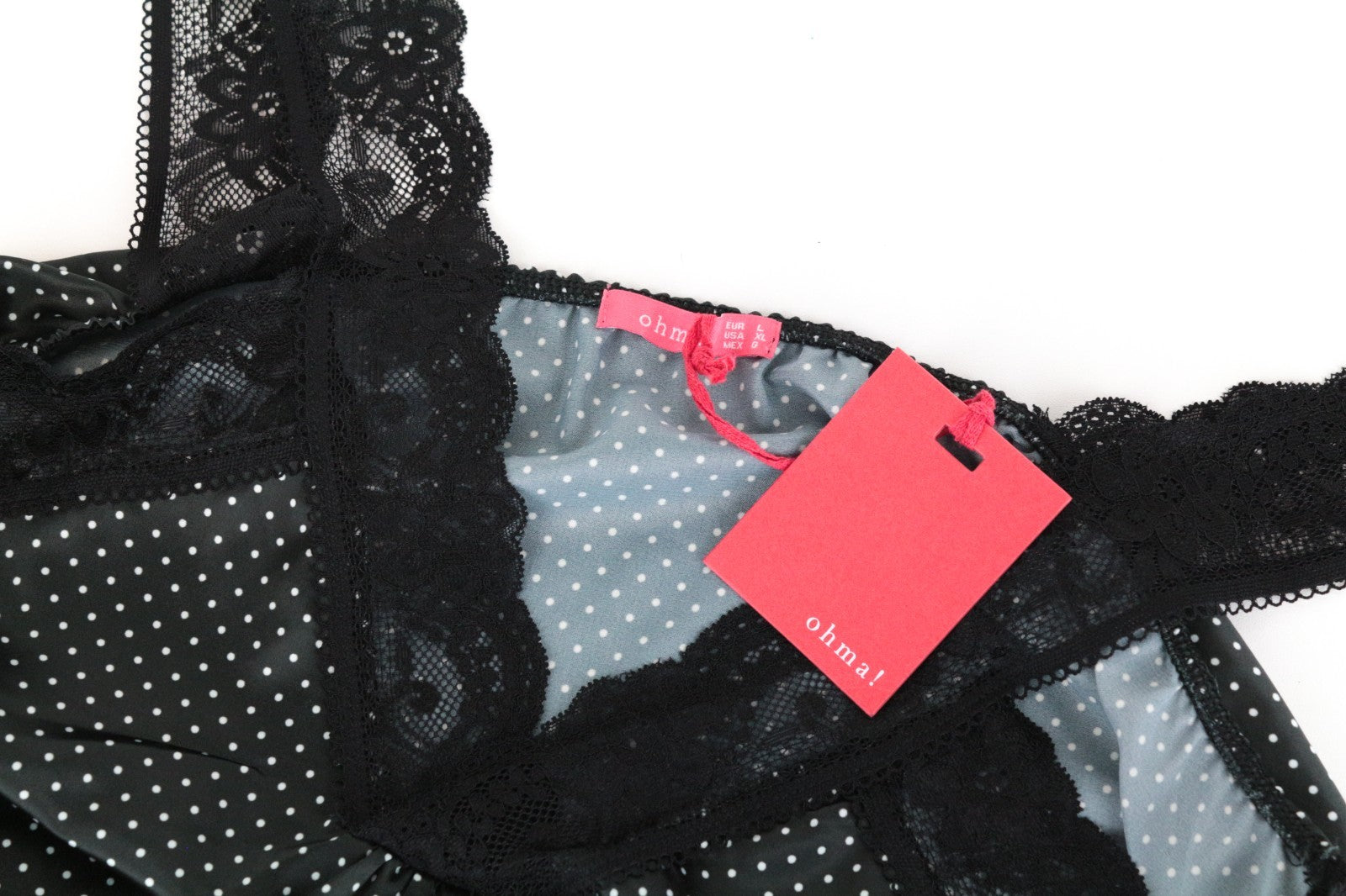 OHMA! Women Top L Black Stretch Sleeveless Dot Patterned Laces Straps Pull On